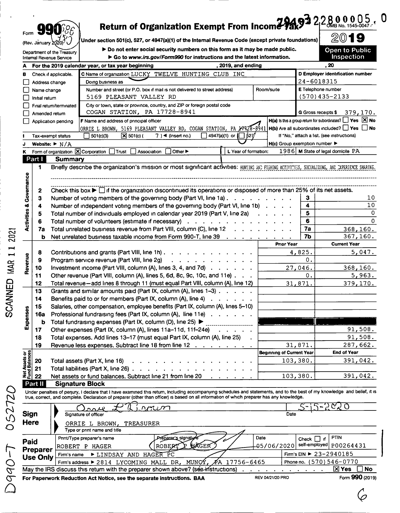 Image of first page of 2019 Form 990O for Lucky Twelve Hunting Club