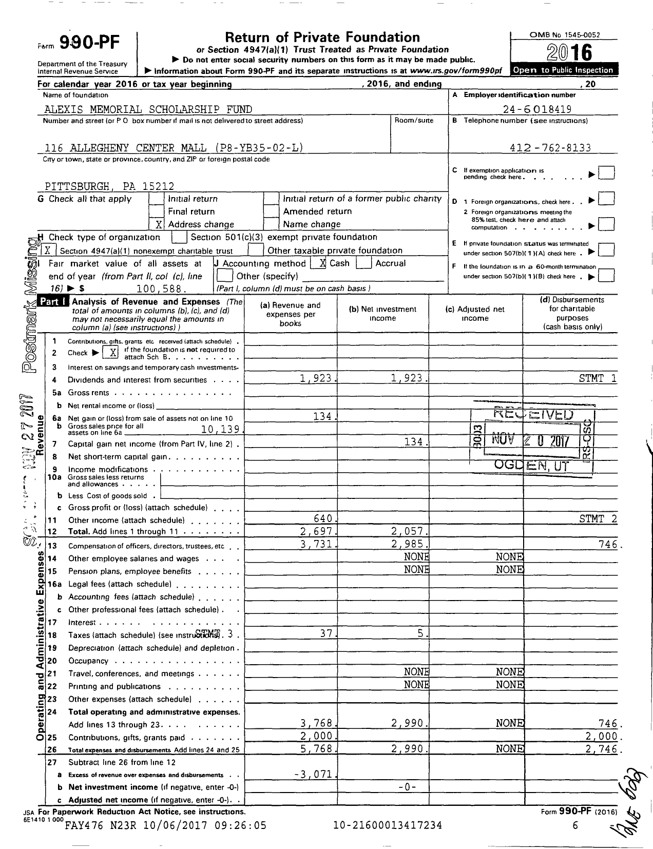 Image of first page of 2016 Form 990PF for Alexis Memorial Scholarship Fund