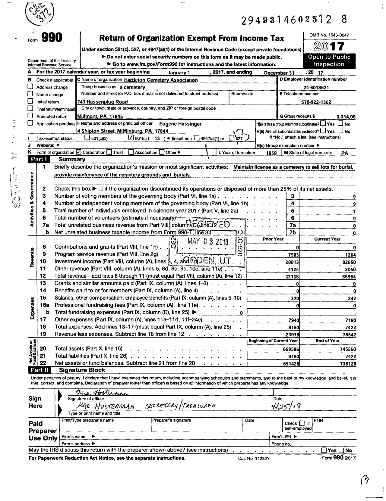 Image of first page of 2017 Form 990O for A Cemetery