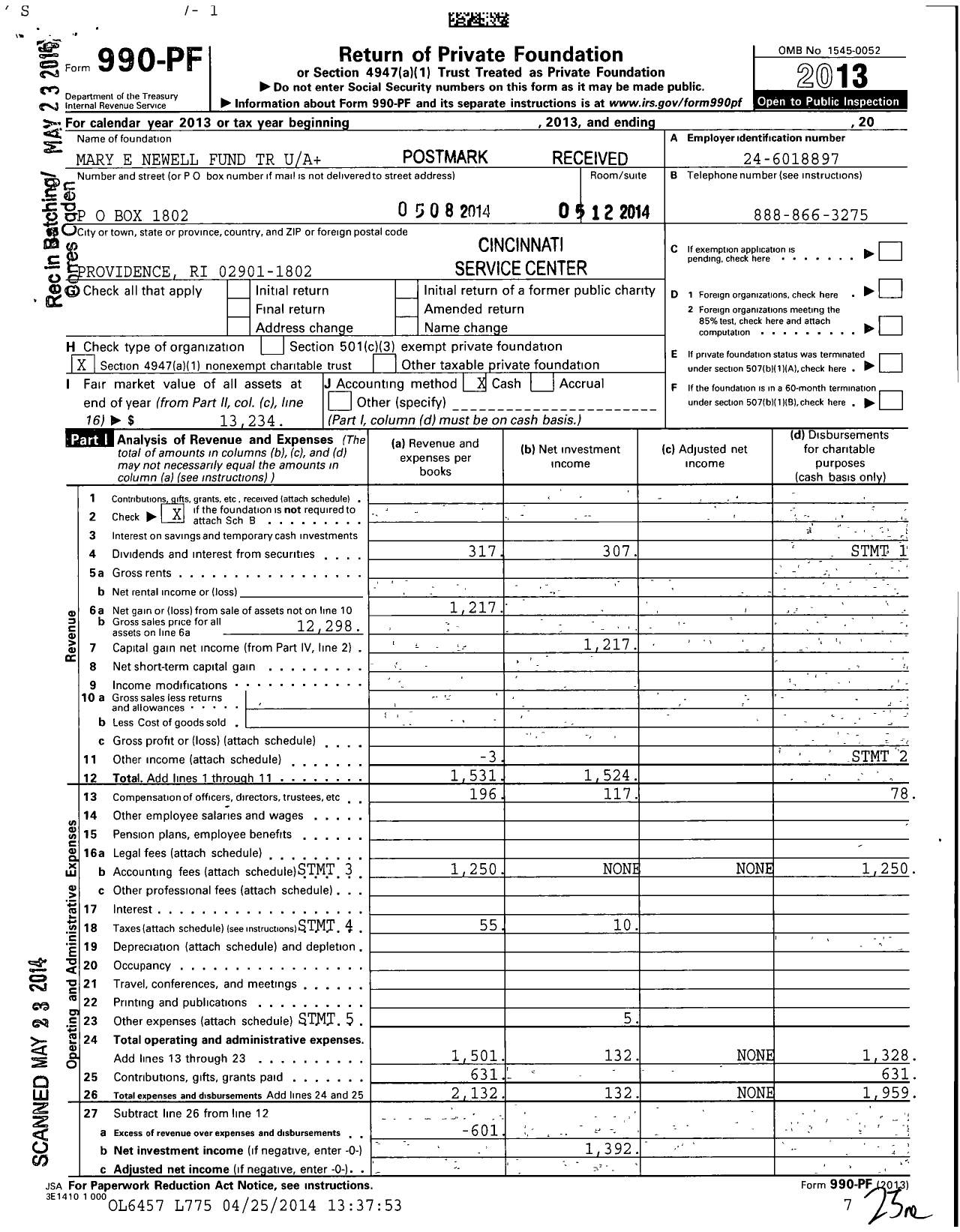 Image of first page of 2013 Form 990PF for Mary E Newell Fund Trust