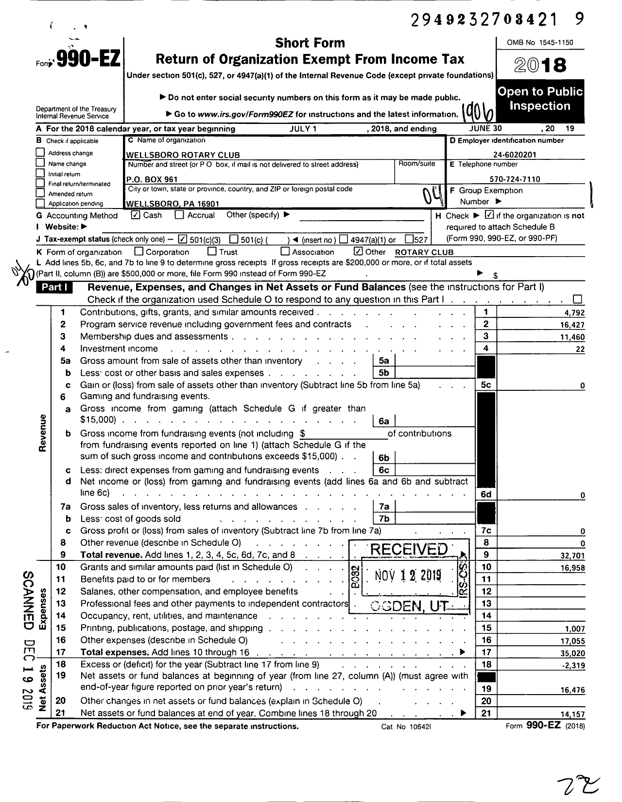 Image of first page of 2018 Form 990EO for Rotary International - Wellsboro Rotary Club