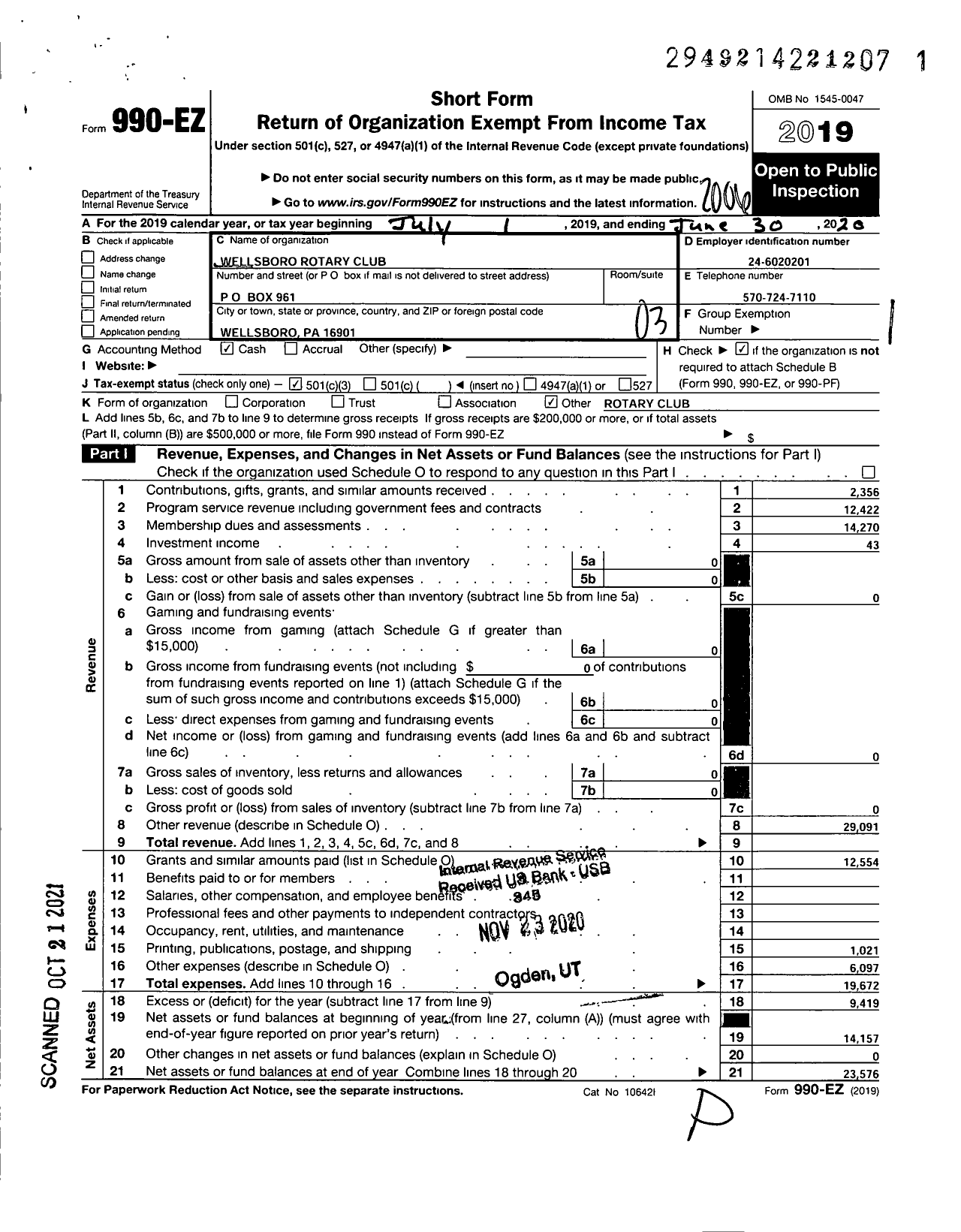 Image of first page of 2019 Form 990EZ for Rotary International - Wellsboro Rotary Club