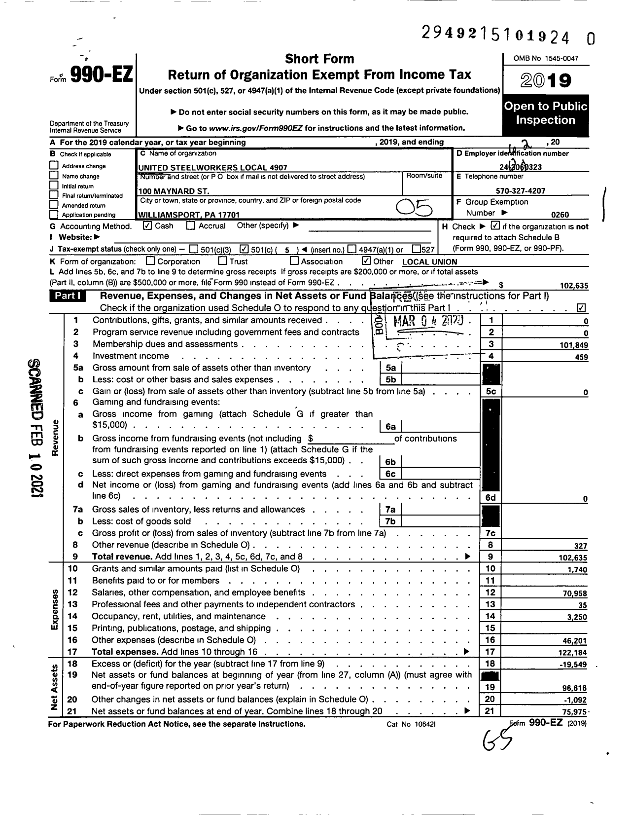 Image of first page of 2019 Form 990EO for United Steelworkers - 04907 Local