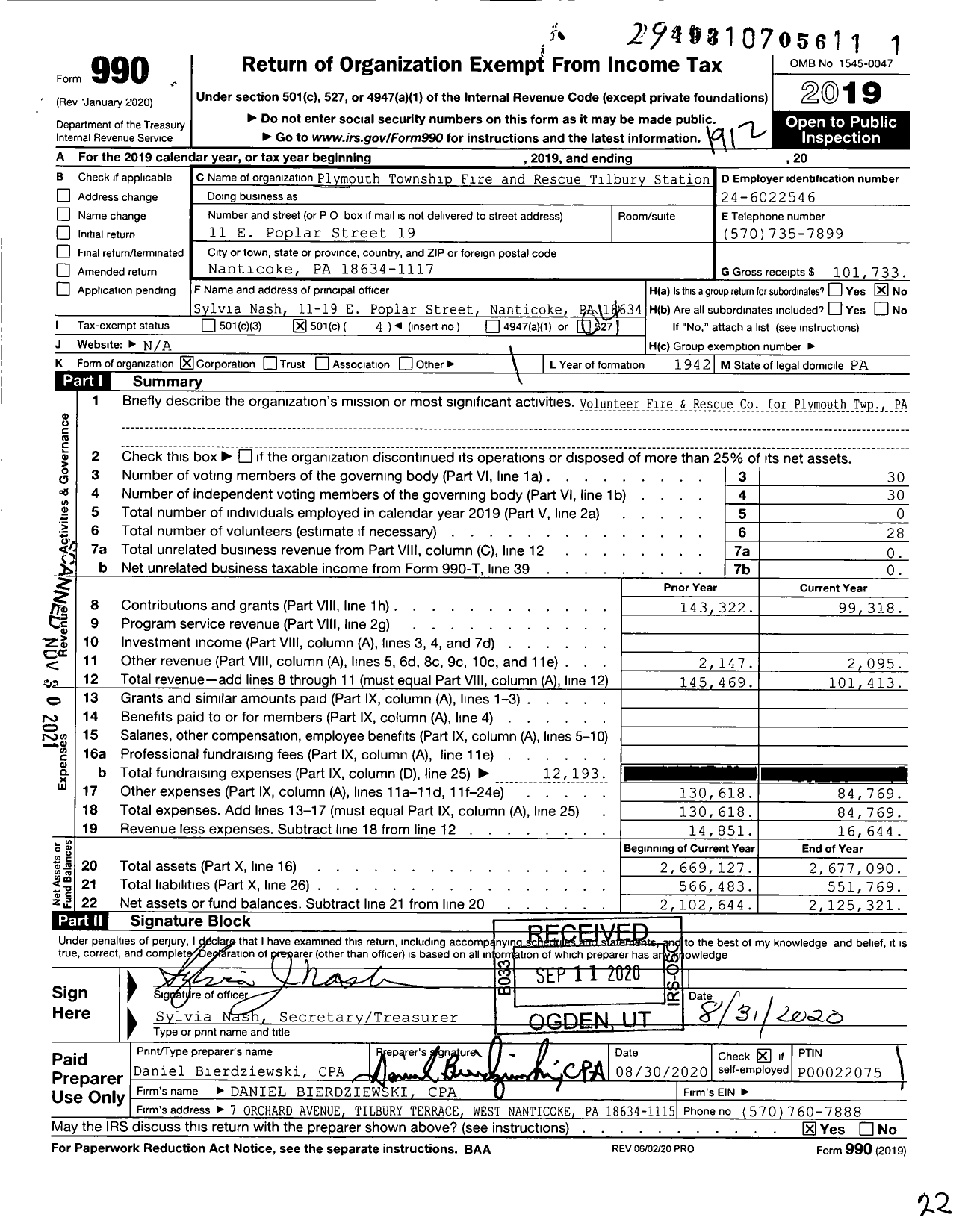 Image of first page of 2019 Form 990O for Plymouth Township Fire and Rescue Tilbury Station