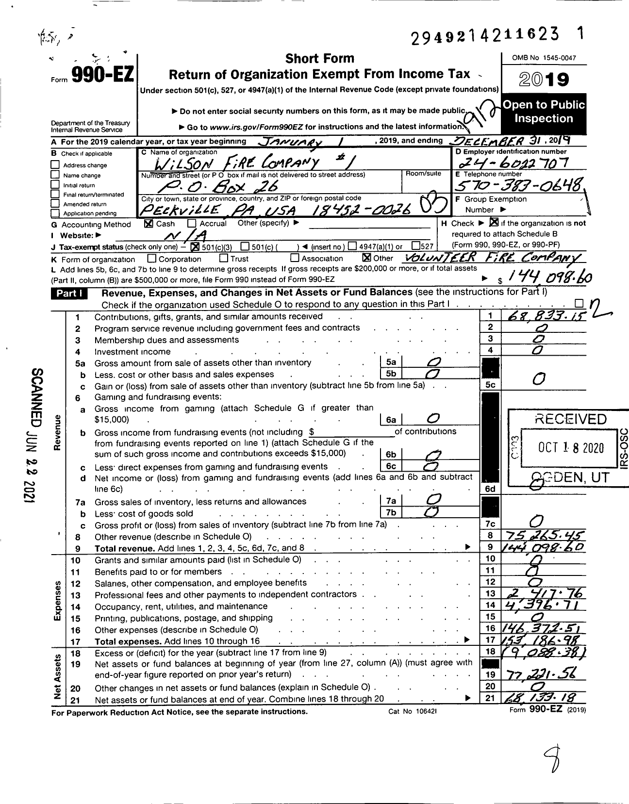 Image of first page of 2019 Form 990EZ for WILSON FIRE COmpany #1
