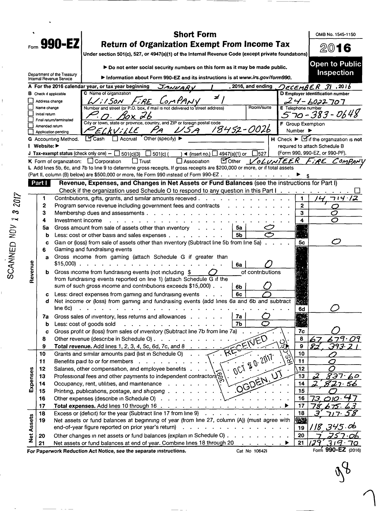 Image of first page of 2016 Form 990EO for WILSON FIRE COmpany #1