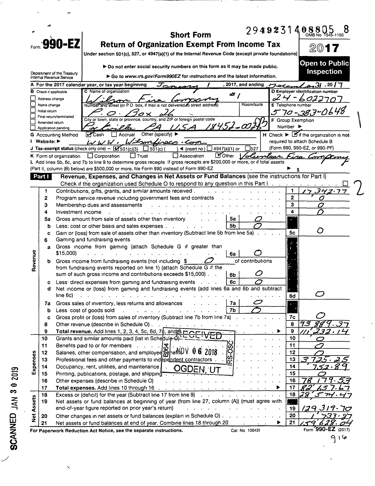 Image of first page of 2017 Form 990EZ for WILSON FIRE COmpany #1