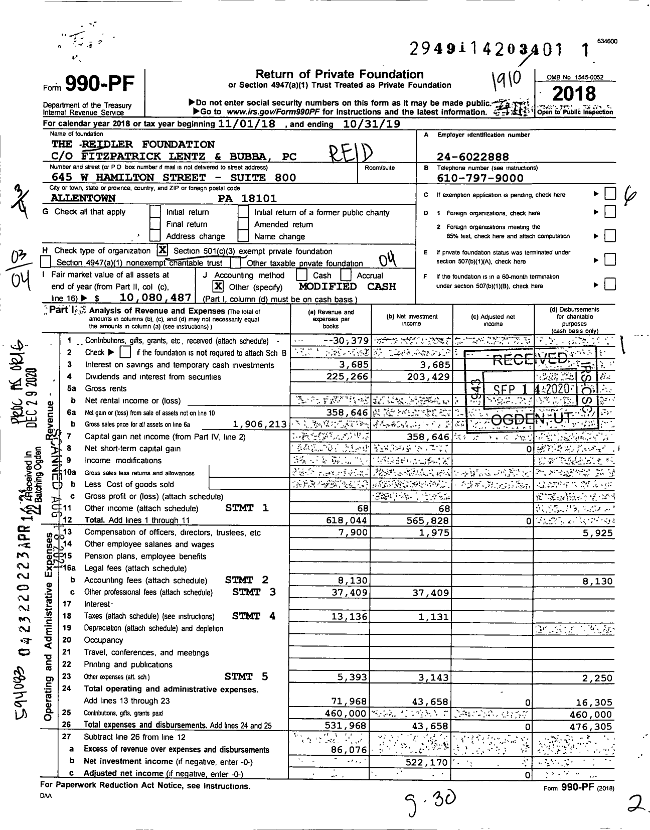 Image of first page of 2018 Form 990PF for The Reidler Foundation