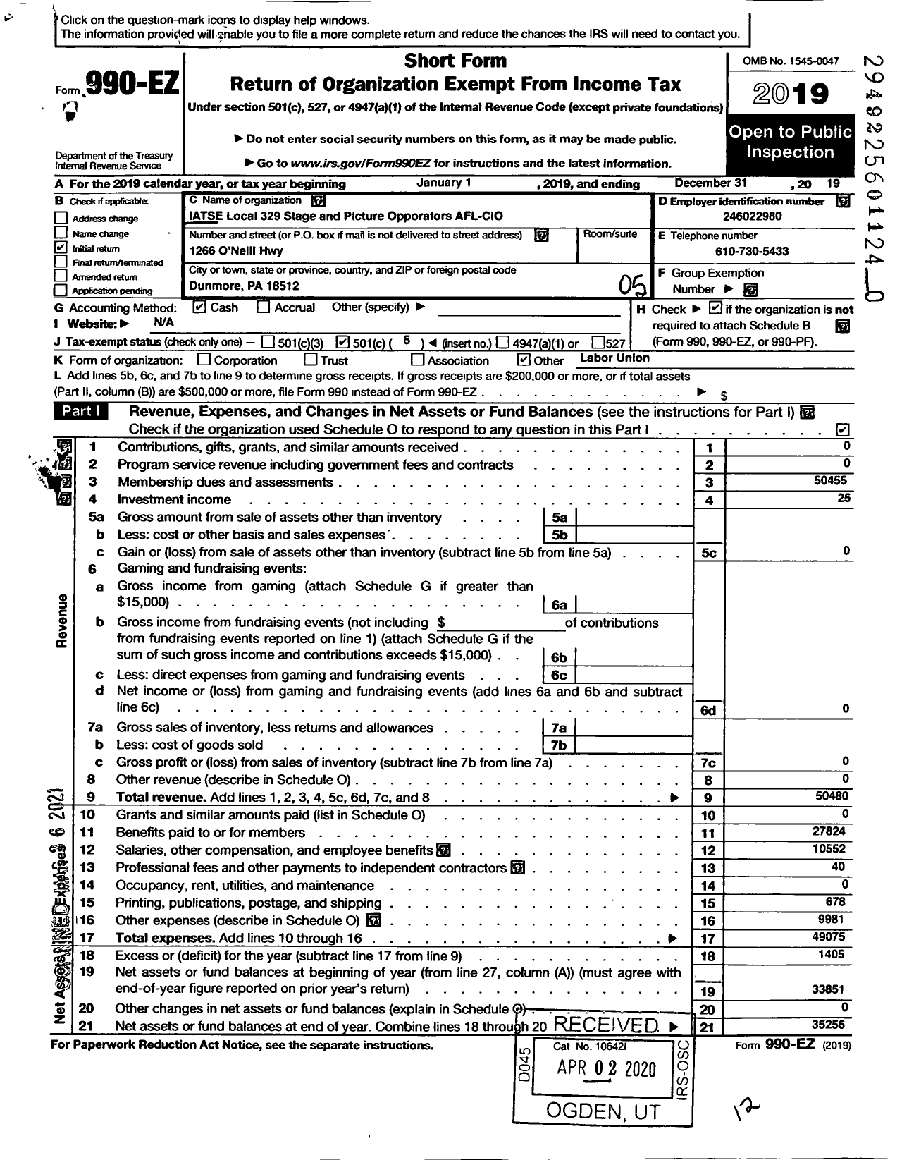 Image of first page of 2019 Form 990EO for International Alliance of Theatrical Stage Employees - 329 Local