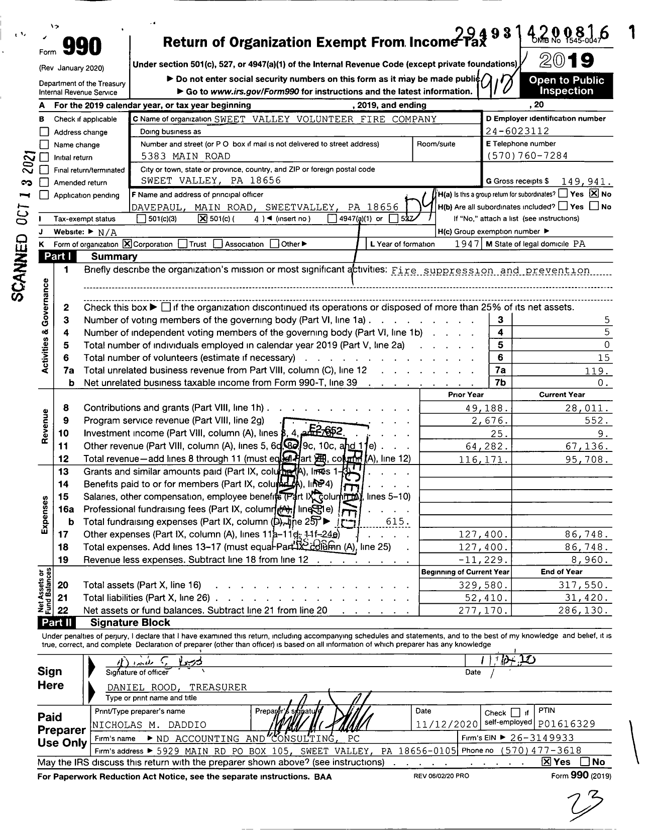Image of first page of 2019 Form 990O for Sweet Valley Volunteer Fire Company