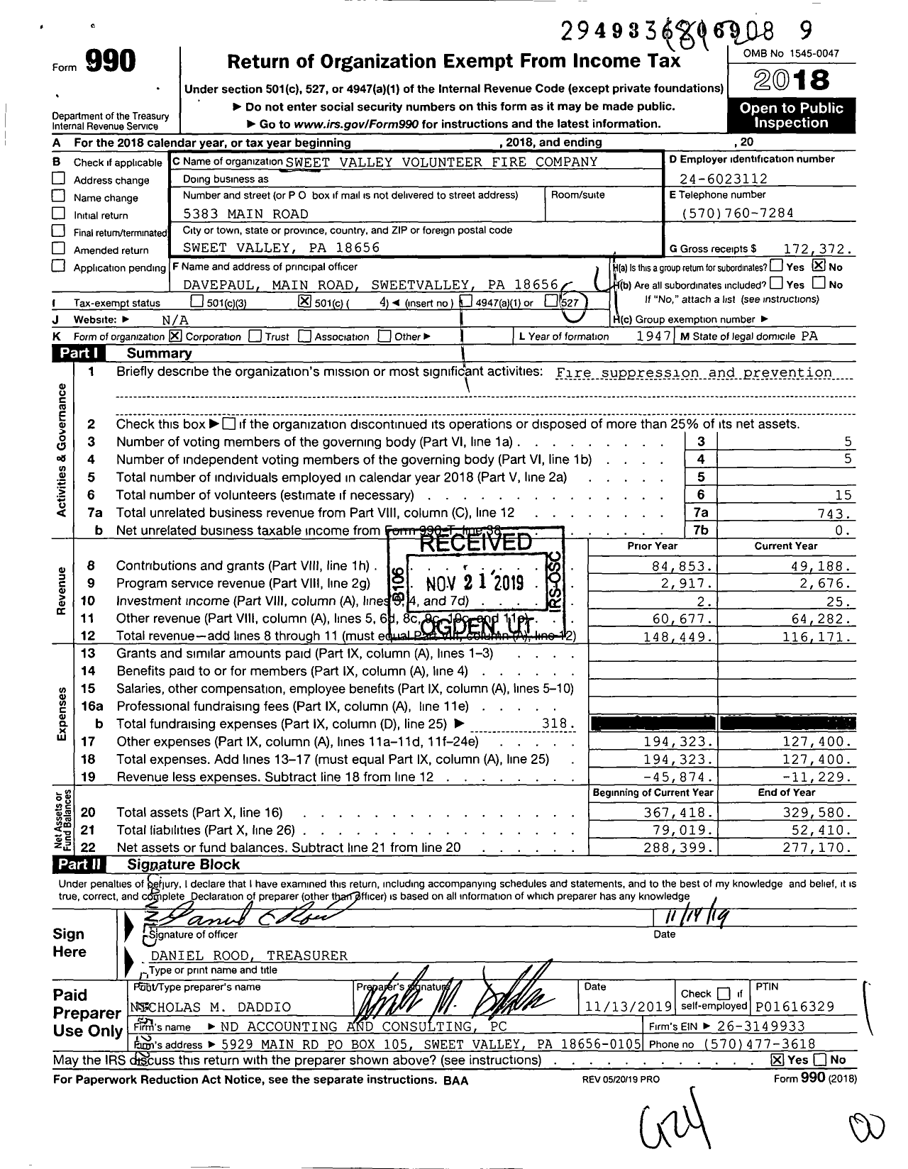 Image of first page of 2018 Form 990O for Sweet Valley Volunteer Fire Company