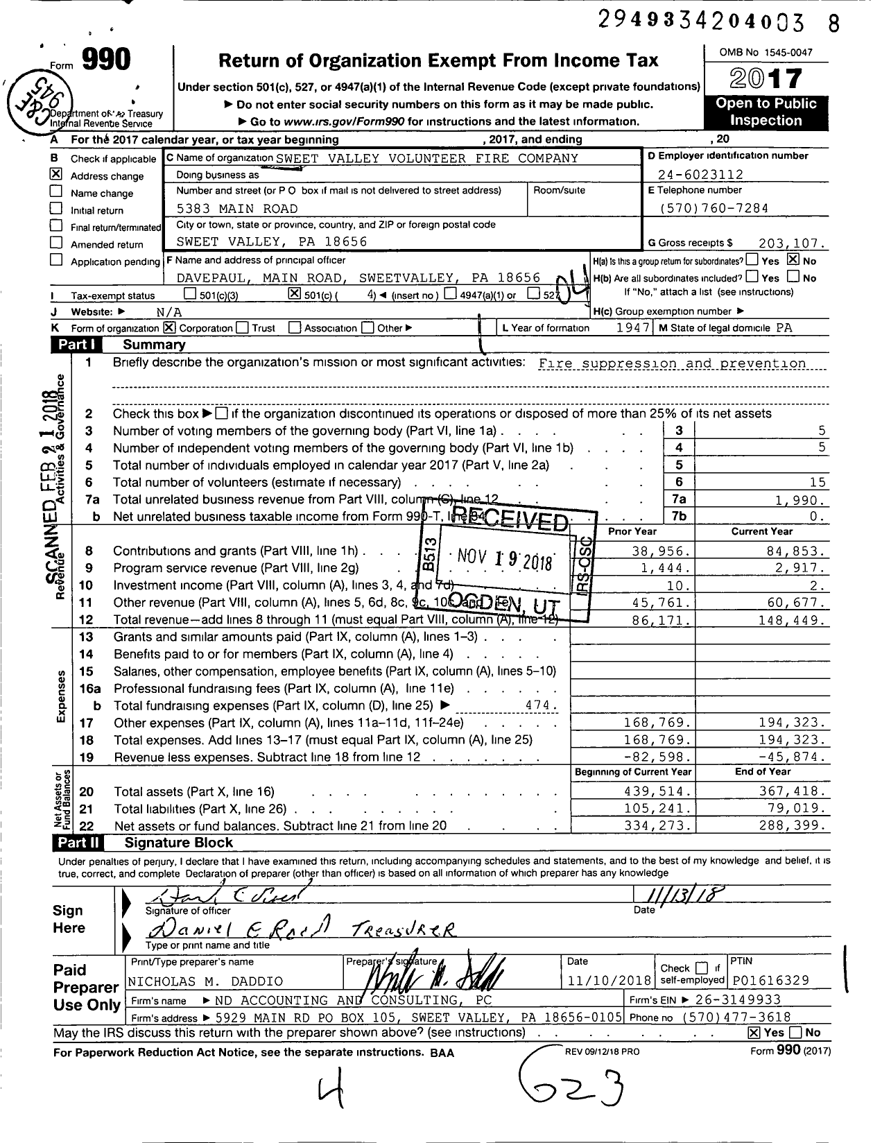 Image of first page of 2017 Form 990O for Sweet Valley Volunteer Fire Company