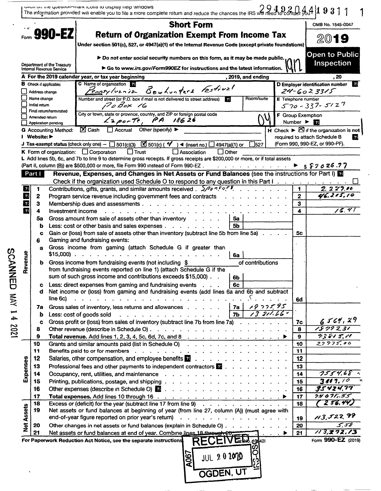 Image of first page of 2019 Form 990EO for Pennsylvania Bowhunters Festival