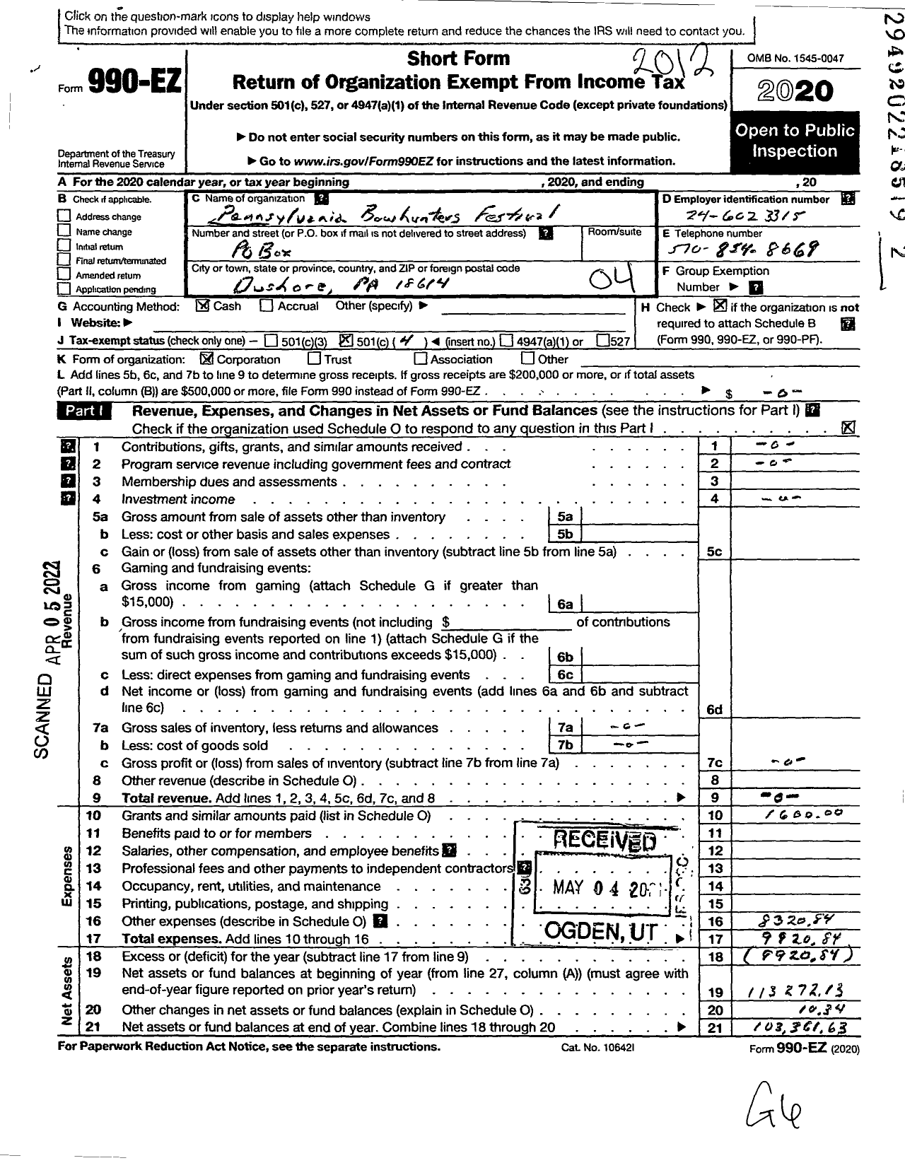 Image of first page of 2020 Form 990EO for Pennsylvania Bowhunters Festival