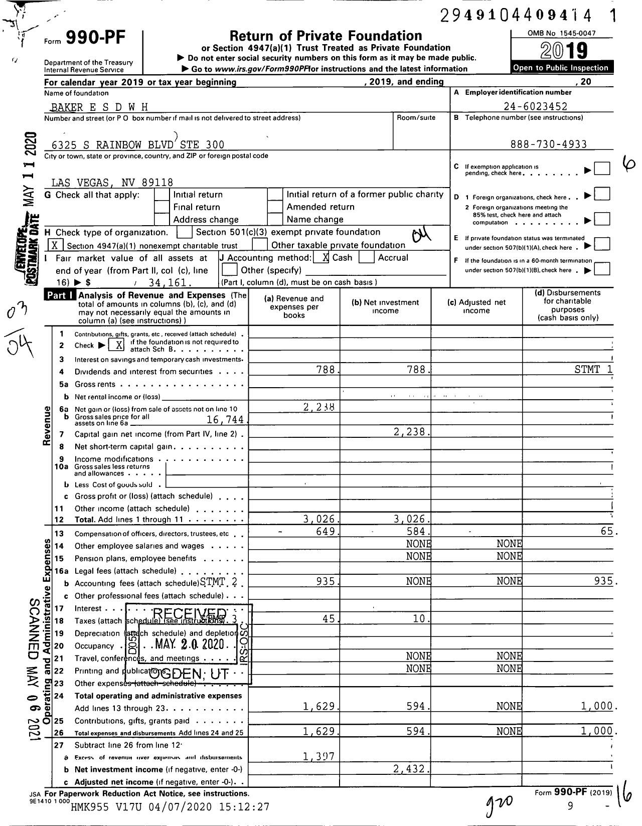 Image of first page of 2019 Form 990PF for Baker E S D W H