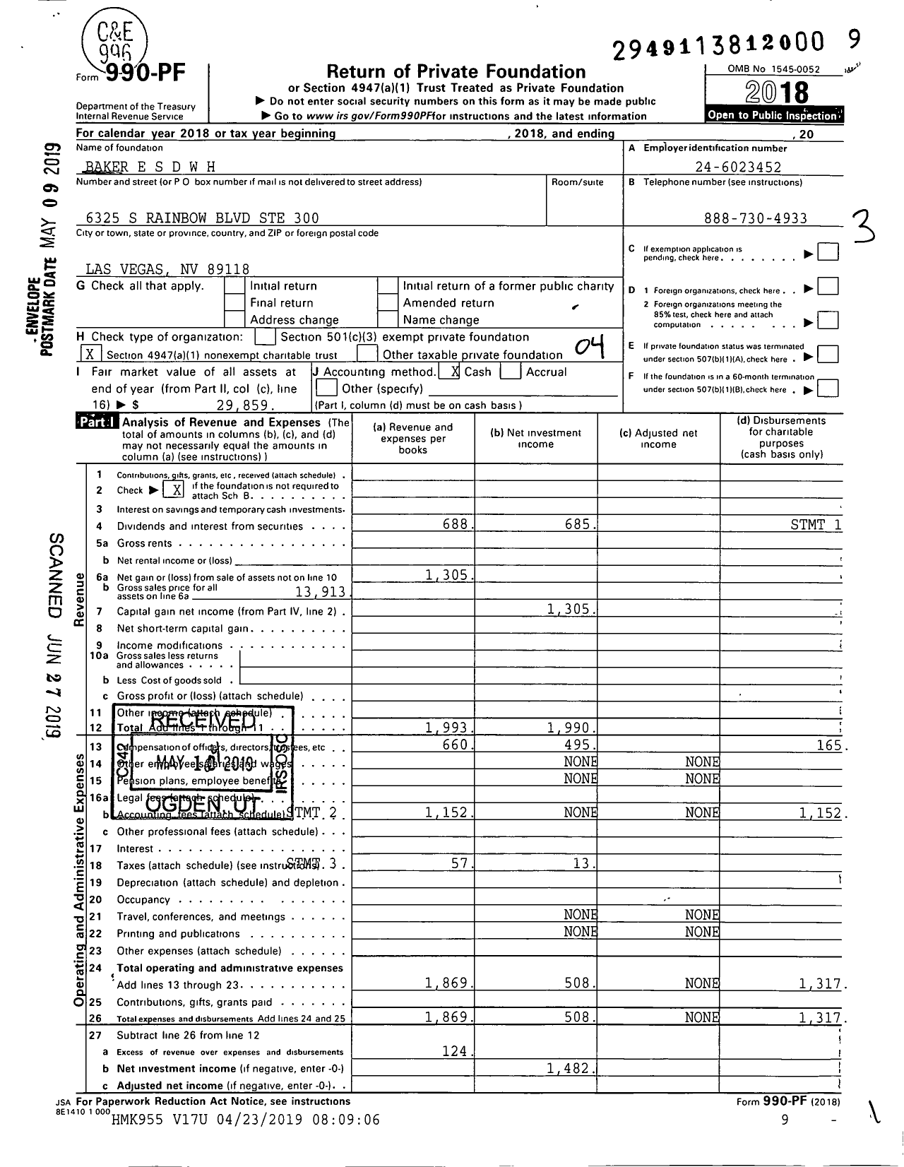 Image of first page of 2018 Form 990PF for Baker E S D W H