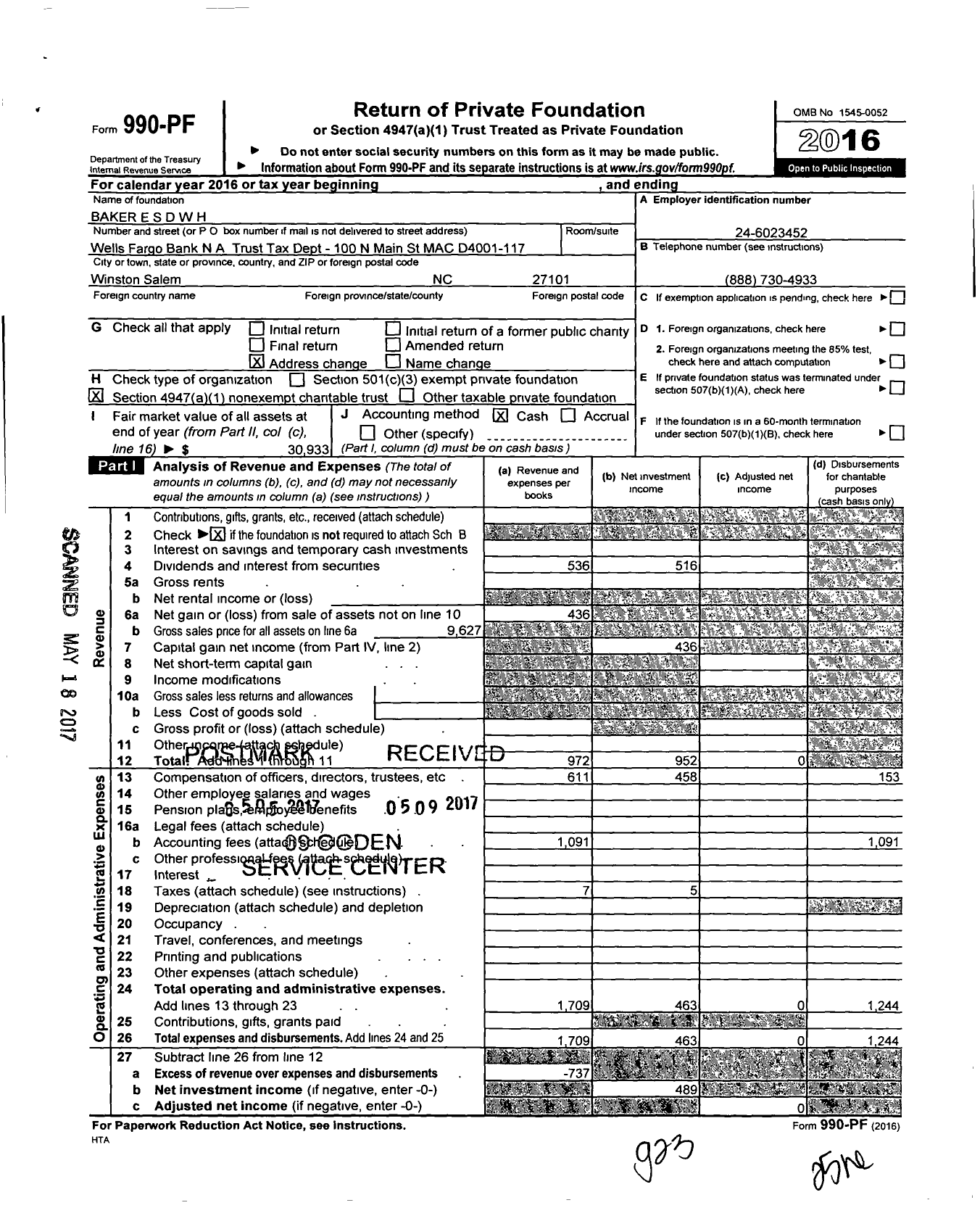 Image of first page of 2016 Form 990PF for Baker E S D W H