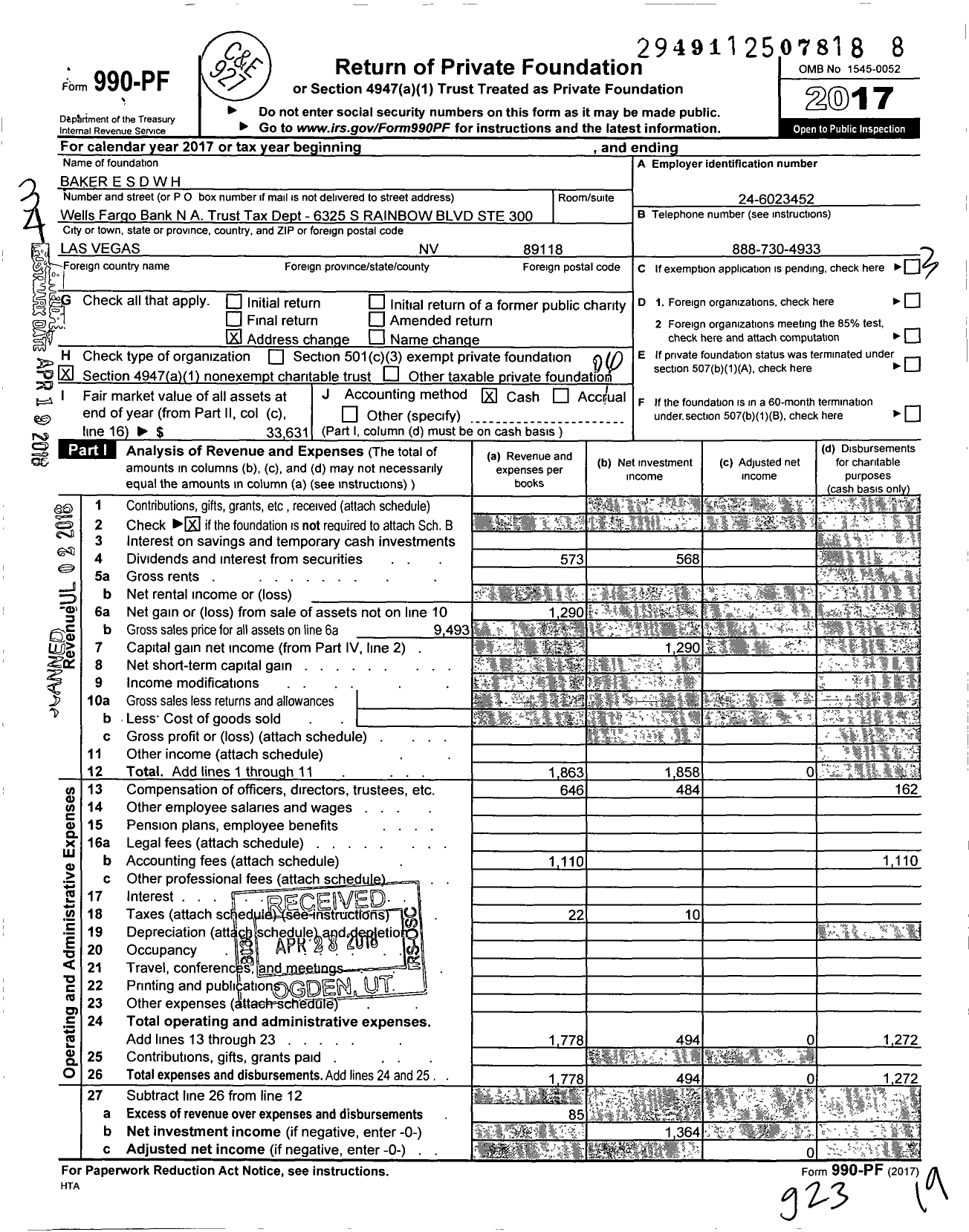 Image of first page of 2017 Form 990PF for Baker E S D W H