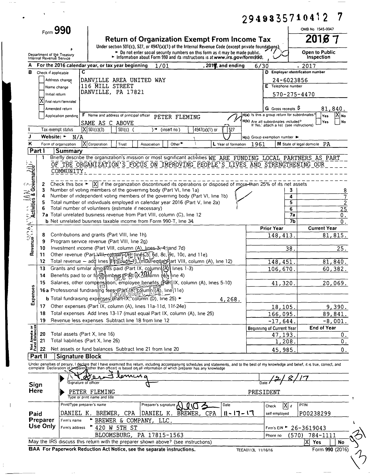 Image of first page of 2016 Form 990 for Danville Area United Way