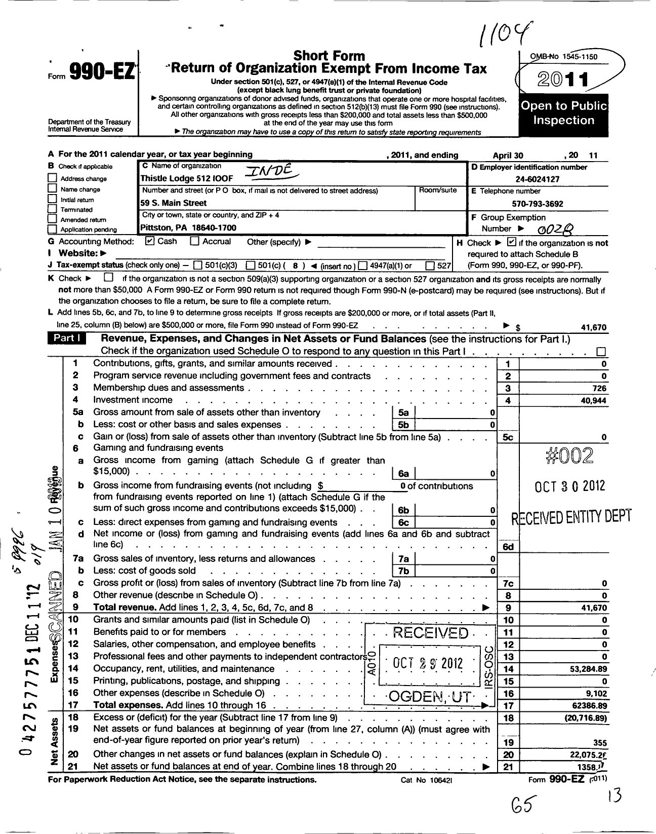 Image of first page of 2010 Form 990EO for Independent Order of Odd Fellows - 512 Thistle Lodge