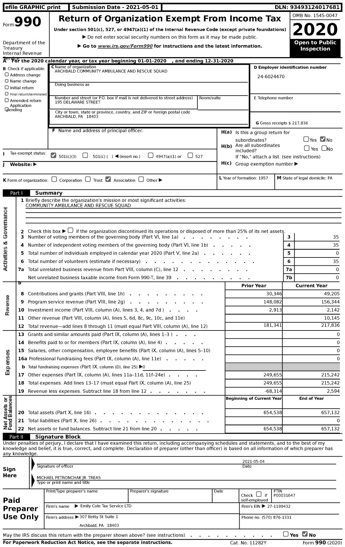 Image of first page of 2020 Form 990 for Archbald Community Ambulance and Rescue Squad