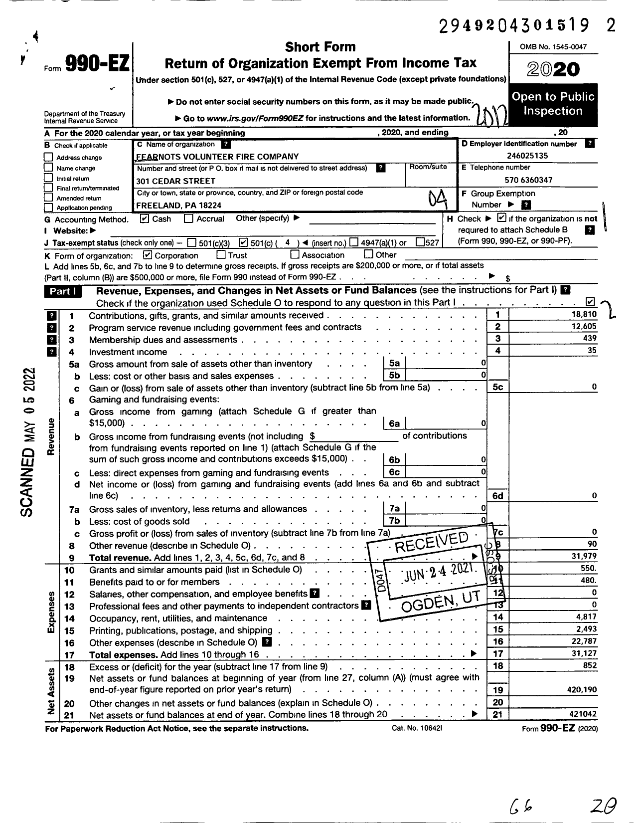 Image of first page of 2020 Form 990EO for Fearnots Volunteer Fire Company