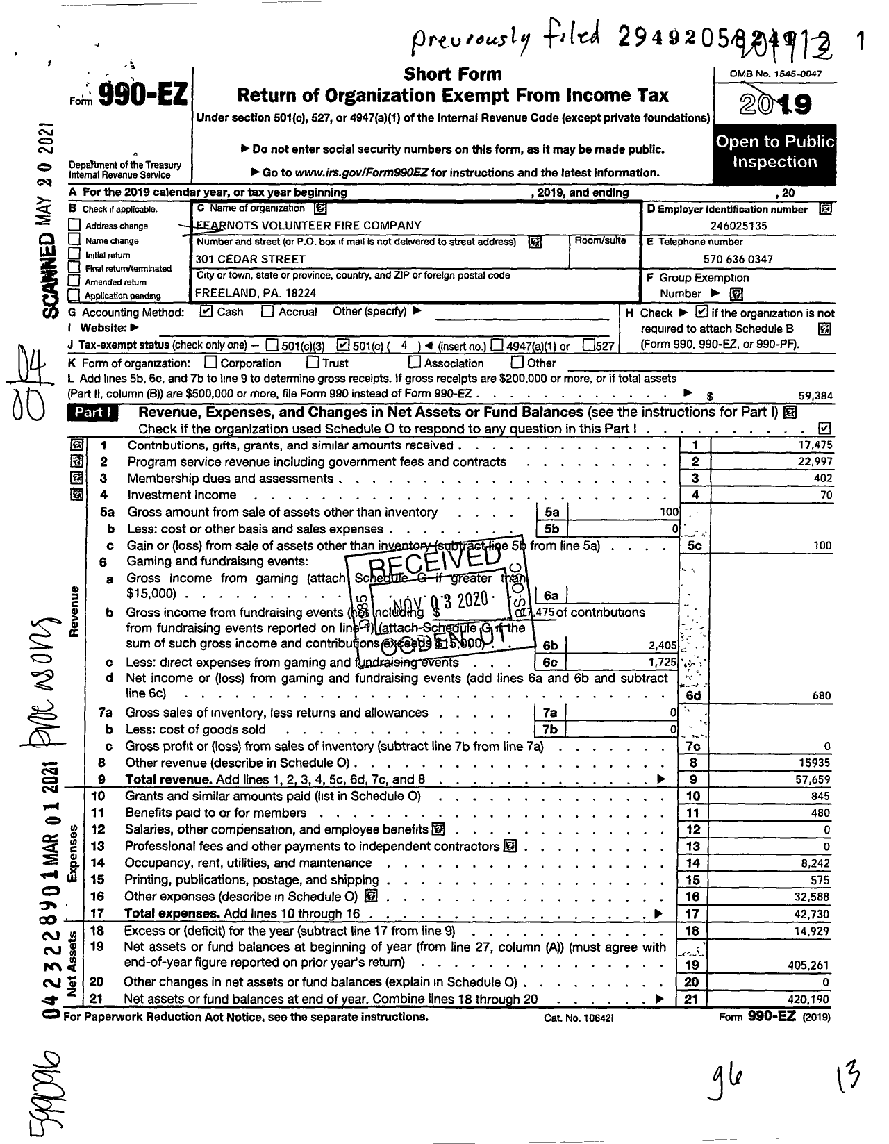 Image of first page of 2019 Form 990EO for Fearnots Volunteer Fire Company