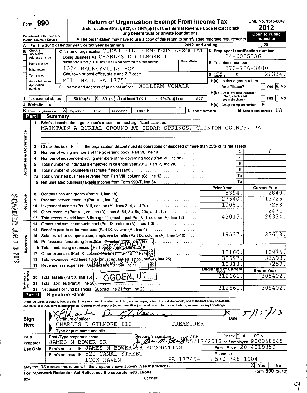 Image of first page of 2012 Form 990O for Cedar Hill Cemetery Association