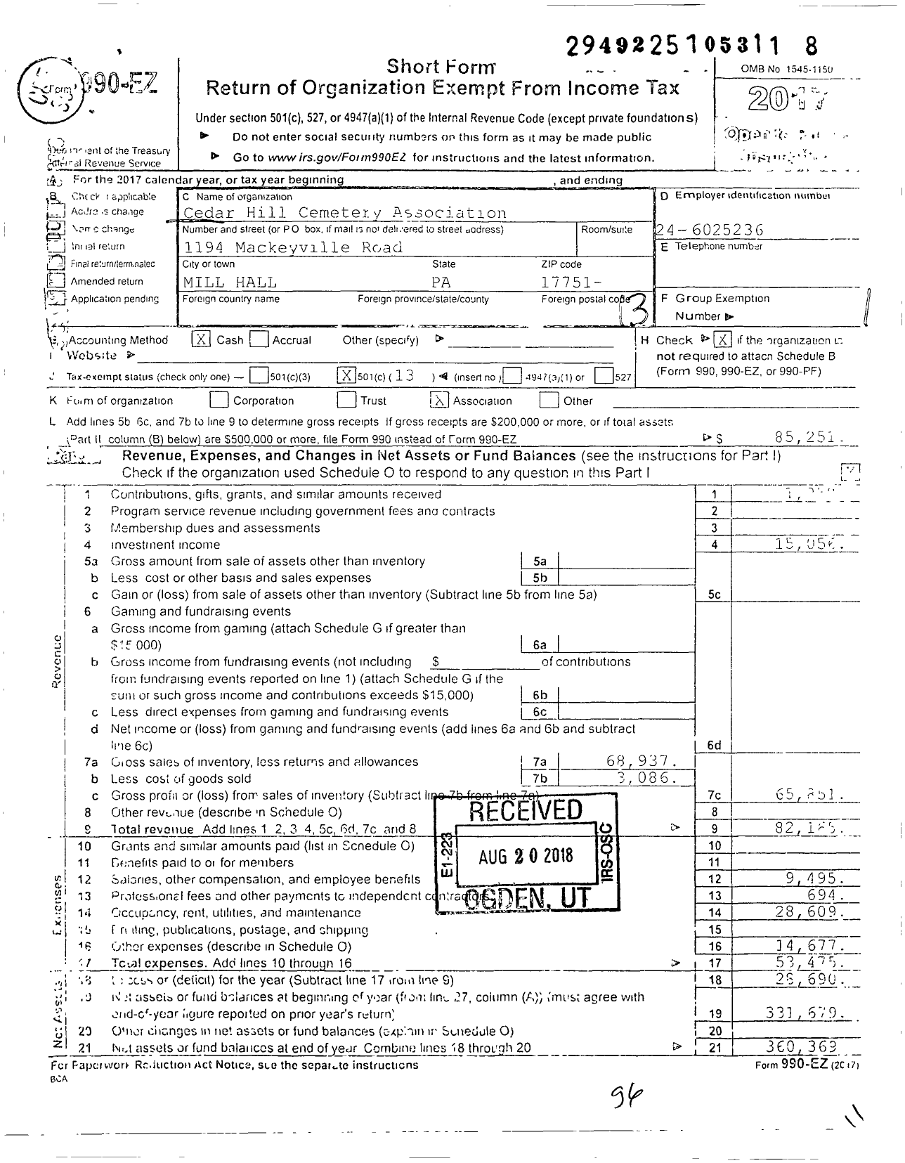 Image of first page of 2017 Form 990EO for Cedar Hill Cemetery Association