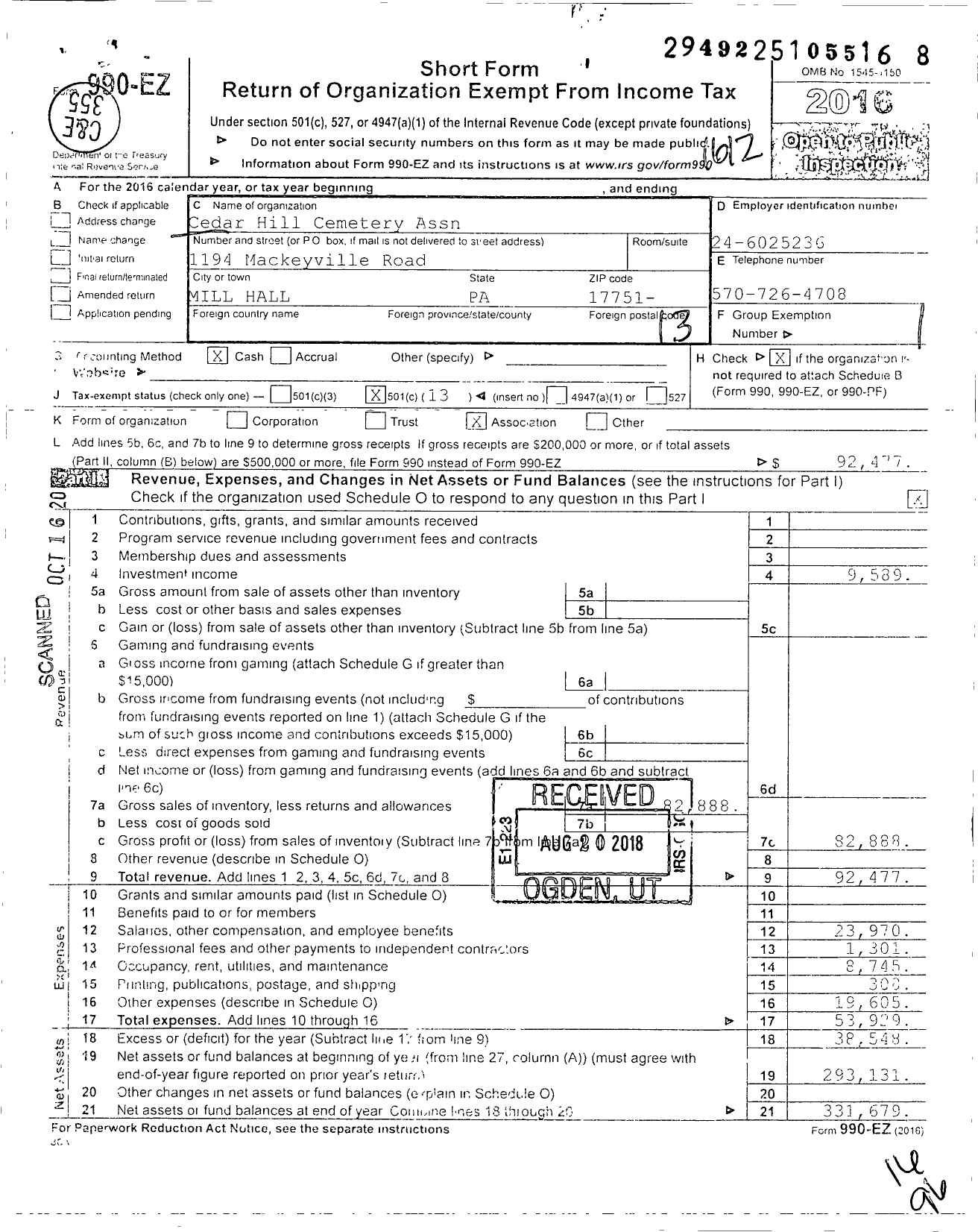 Image of first page of 2016 Form 990EO for Cedar Hill Cemetery Association