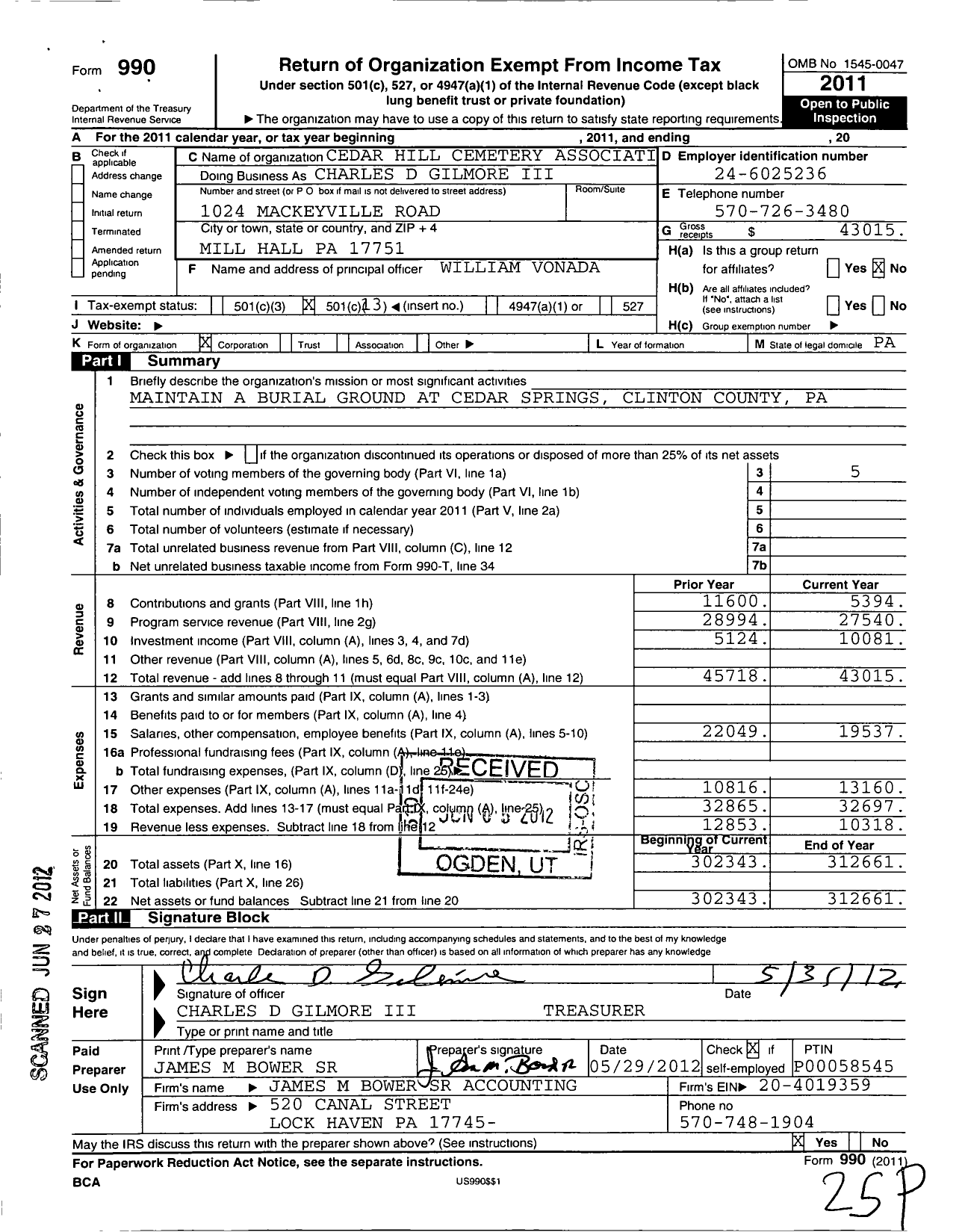 Image of first page of 2011 Form 990O for Cedar Hill Cemetery Association