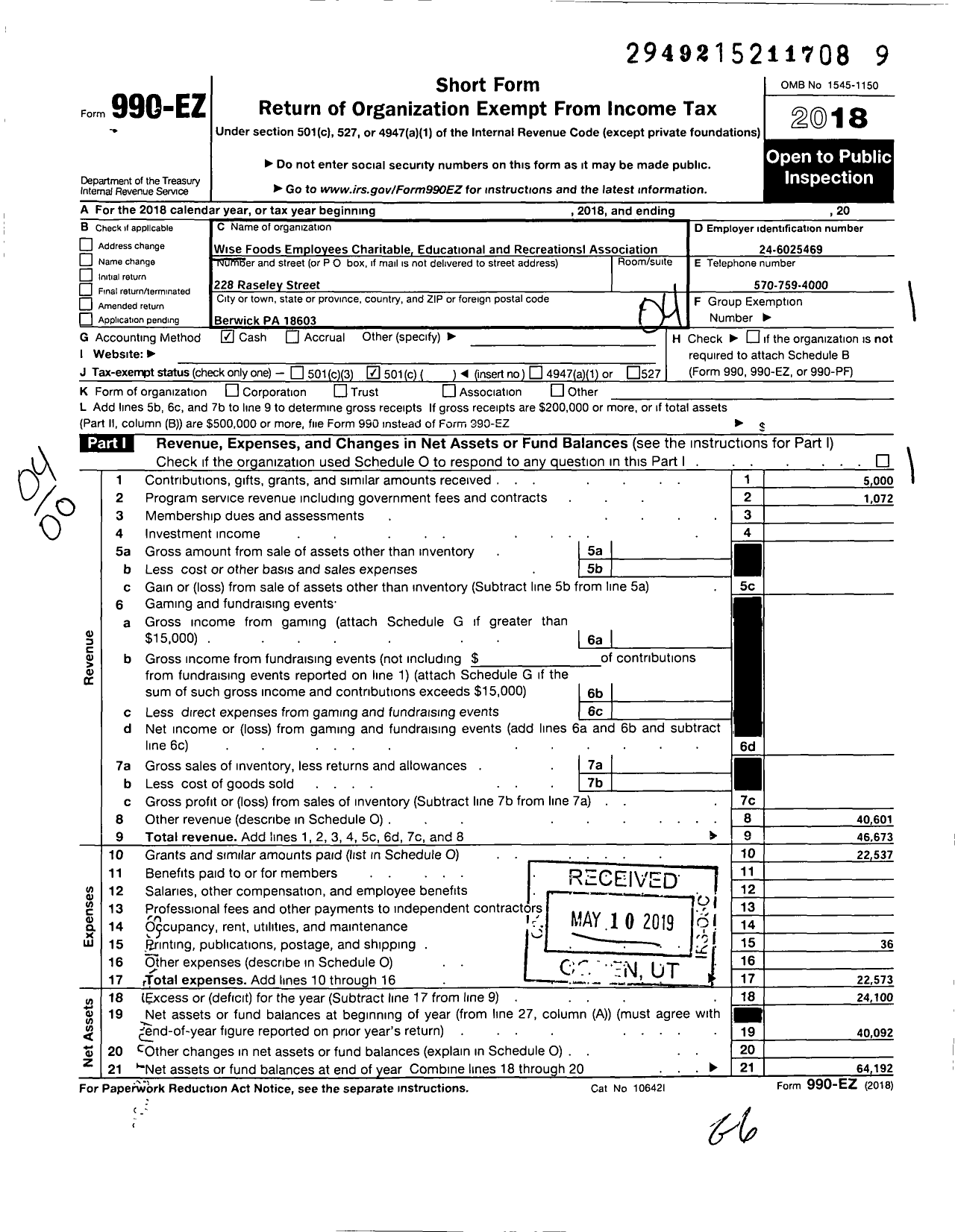Image of first page of 2018 Form 990EO for Wise Foods Employees Charitable Educational and Recreational Association