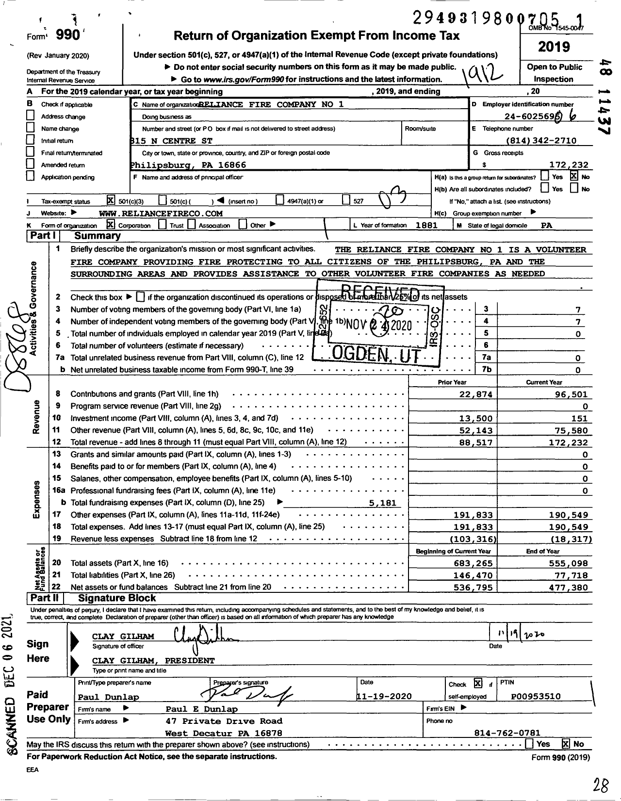 Image of first page of 2019 Form 990 for Reliance Fire Company No 1