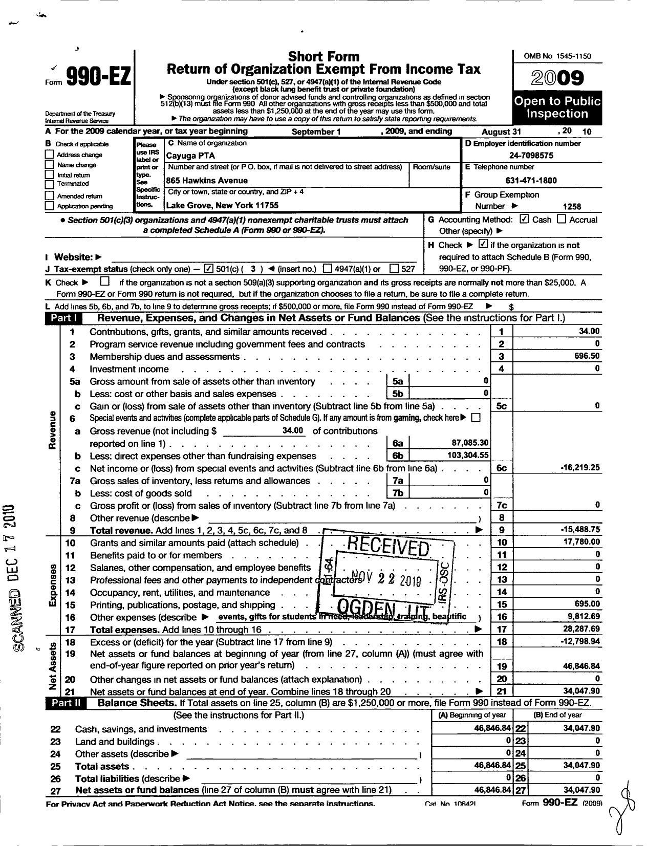 Image of first page of 2009 Form 990EZ for New York State PTA - 05-337 Cayuga Elementary School PTA