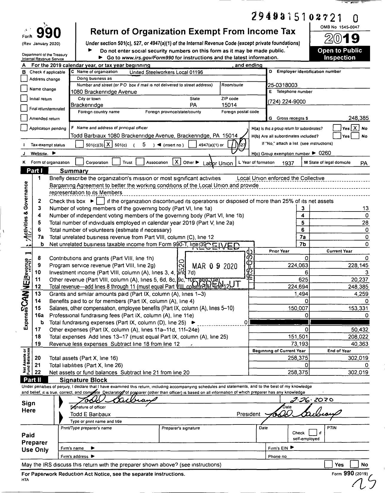 Image of first page of 2019 Form 990O for United Steelworkers - 01196 Local