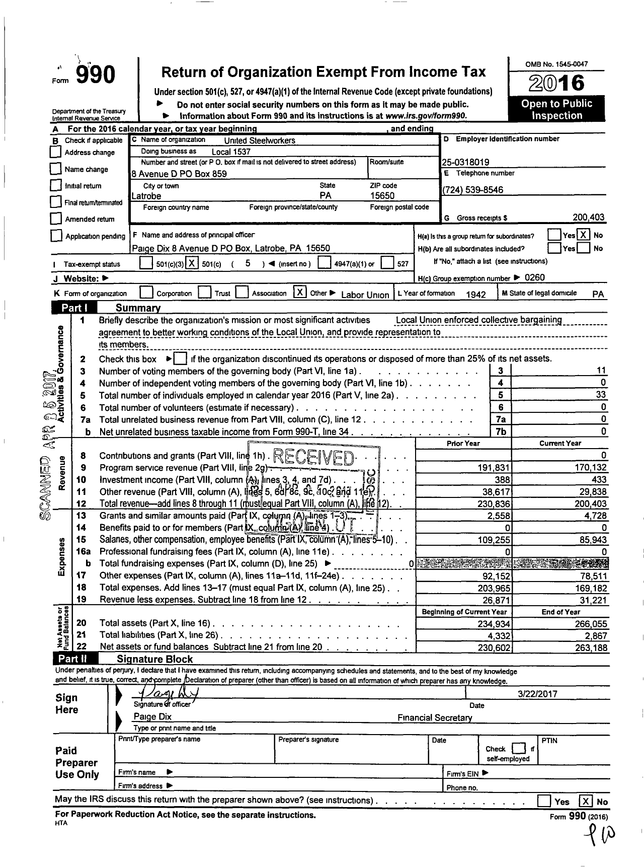 Image of first page of 2016 Form 990O for United Steelworkers - 01537 Local