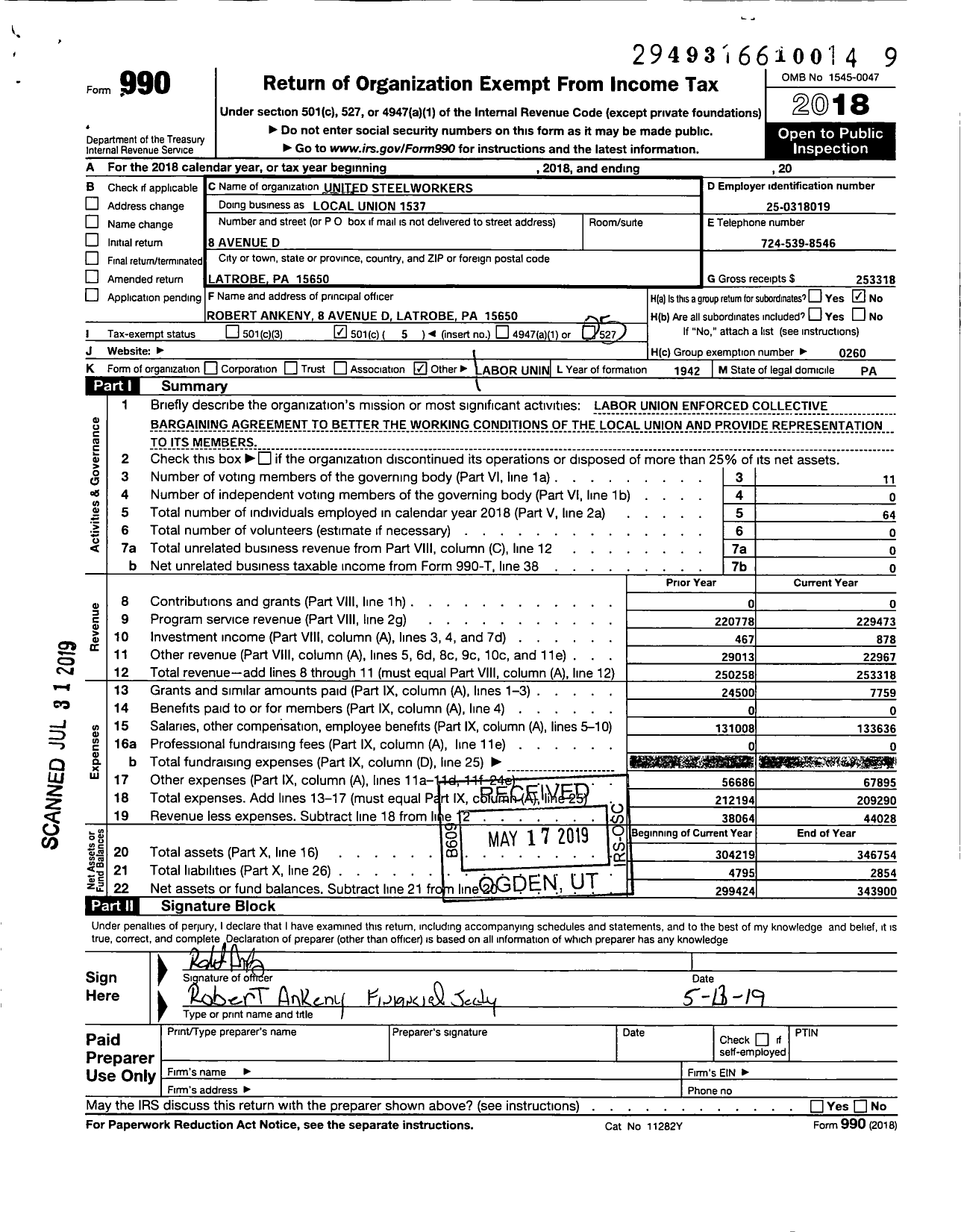 Image of first page of 2018 Form 990O for United Steelworkers - 01537 Local