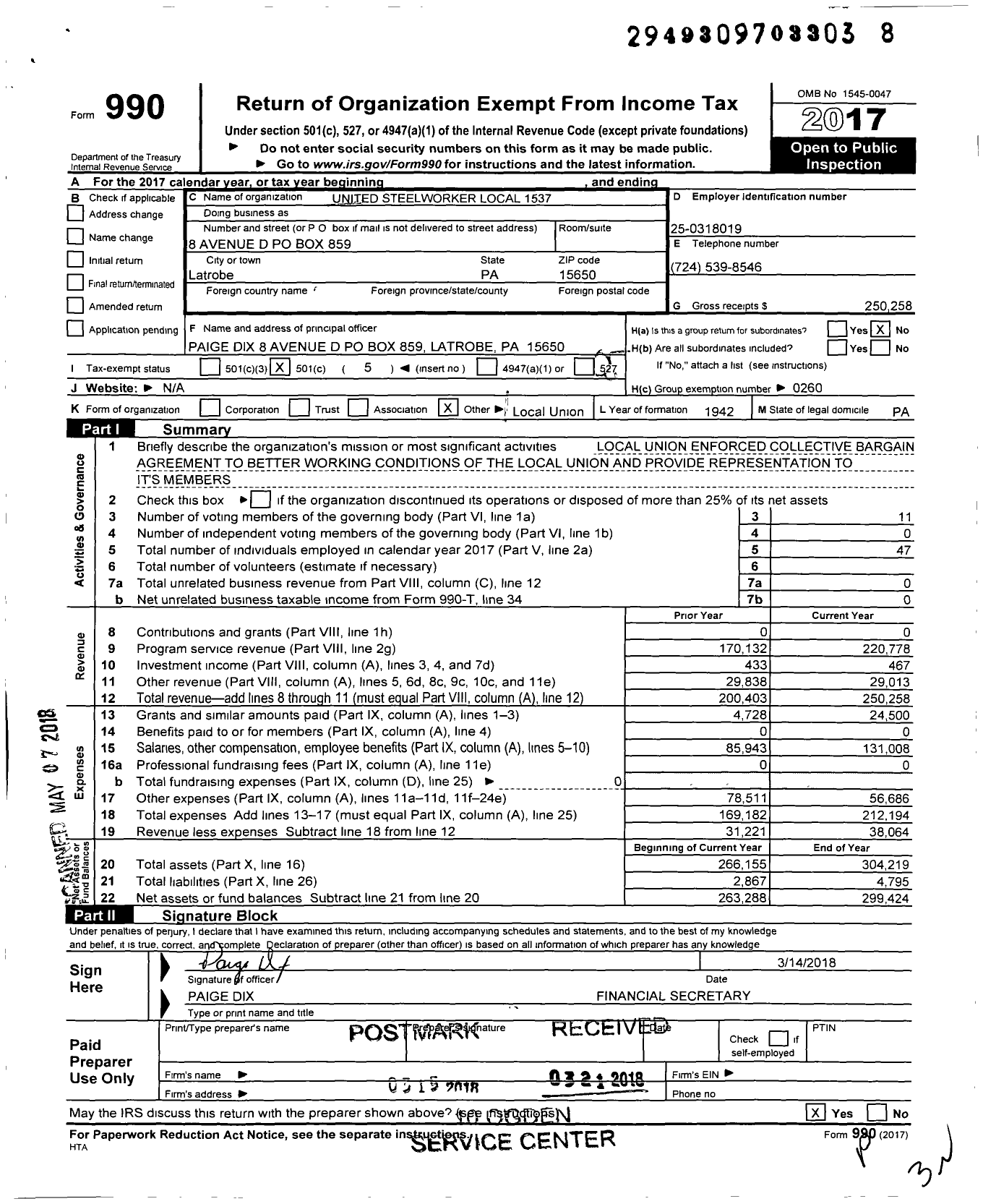 Image of first page of 2017 Form 990O for United Steelworkers - 01537 Local