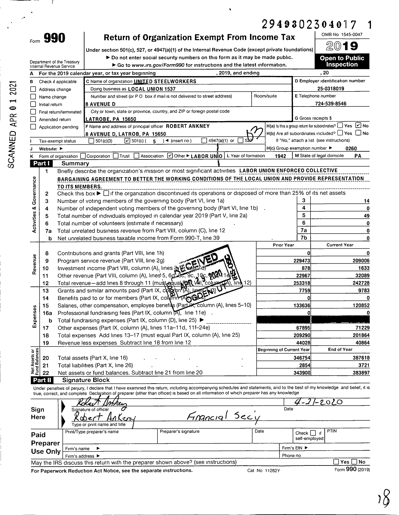Image of first page of 2019 Form 990 for United Steelworkers - 01537 Local