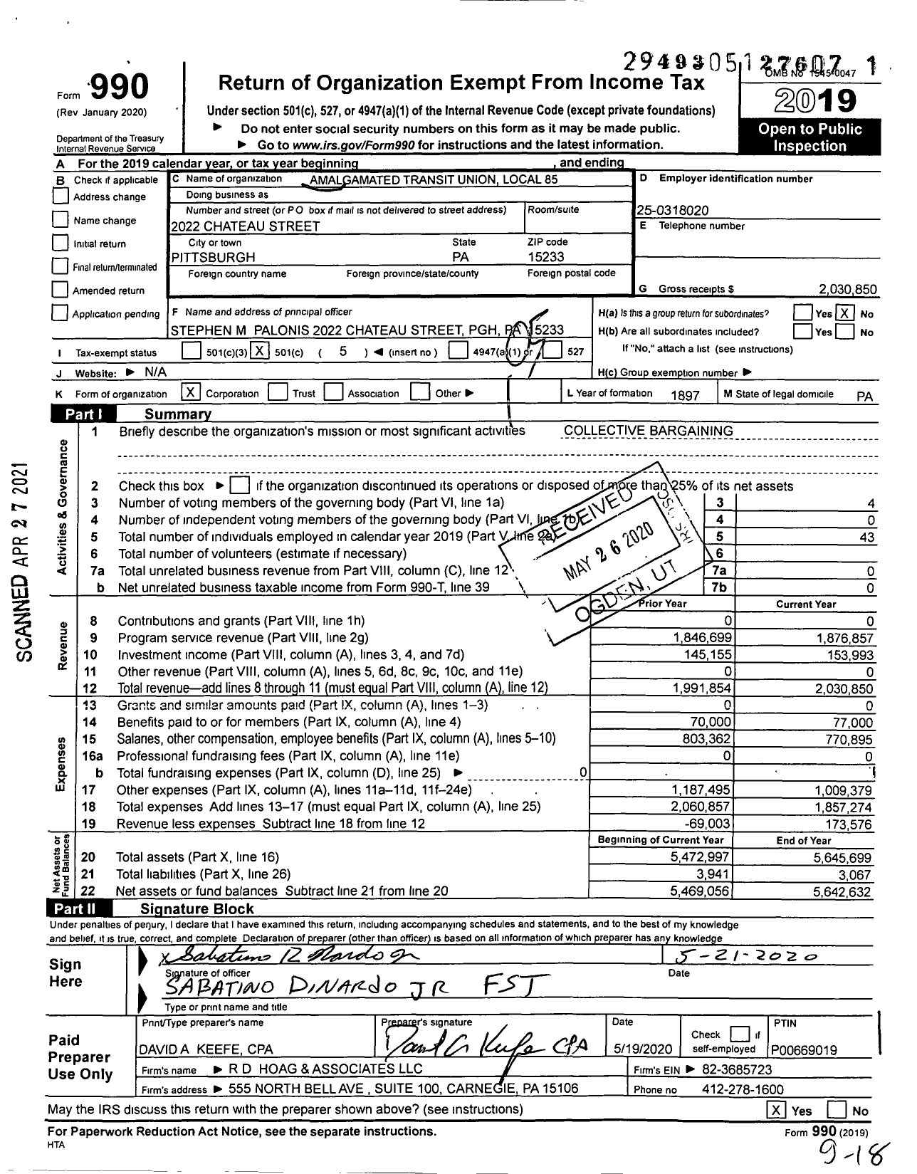 Image of first page of 2019 Form 990O for Amalgamated Transit Union Local 85