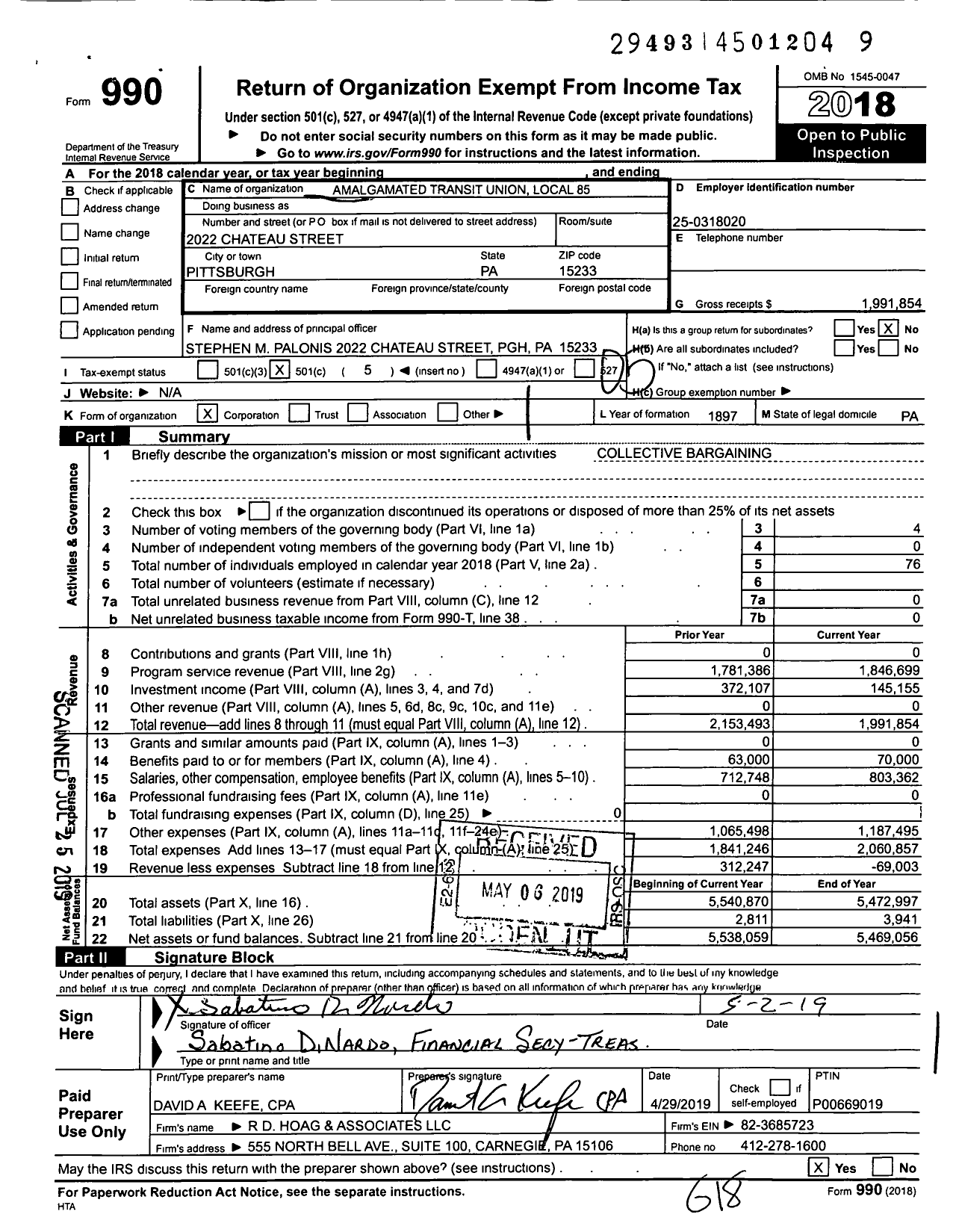 Image of first page of 2018 Form 990O for Amalgamated Transit Union Local 85