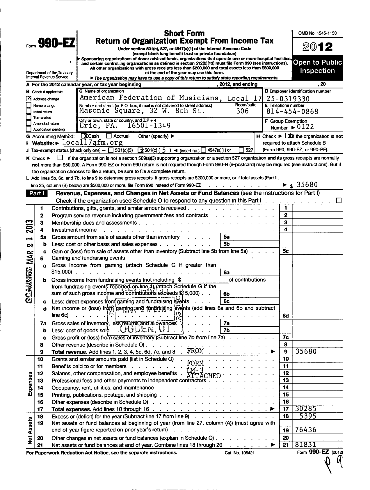 Image of first page of 2012 Form 990EO for American Federation of Musicians - 17 Local Erie