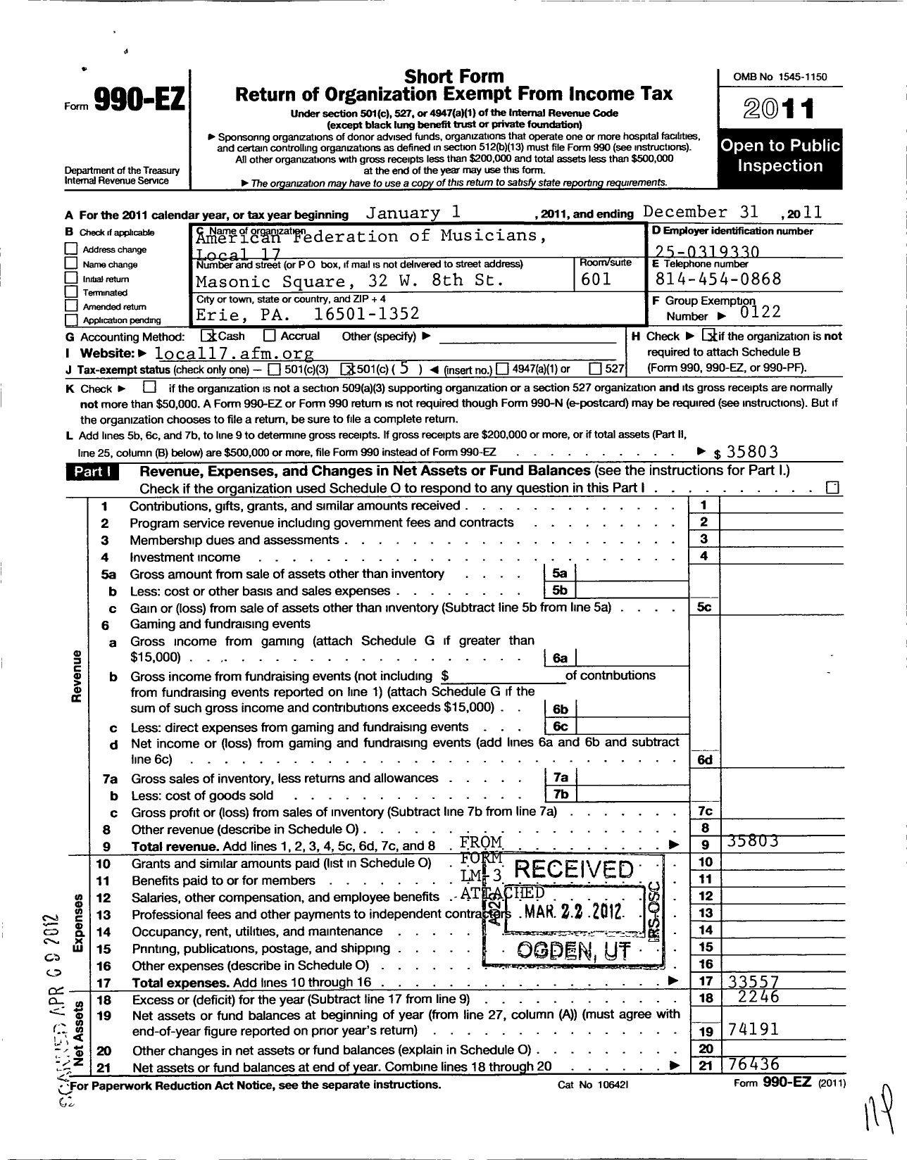 Image of first page of 2011 Form 990EO for American Federation of Musicians - 17 Local Erie