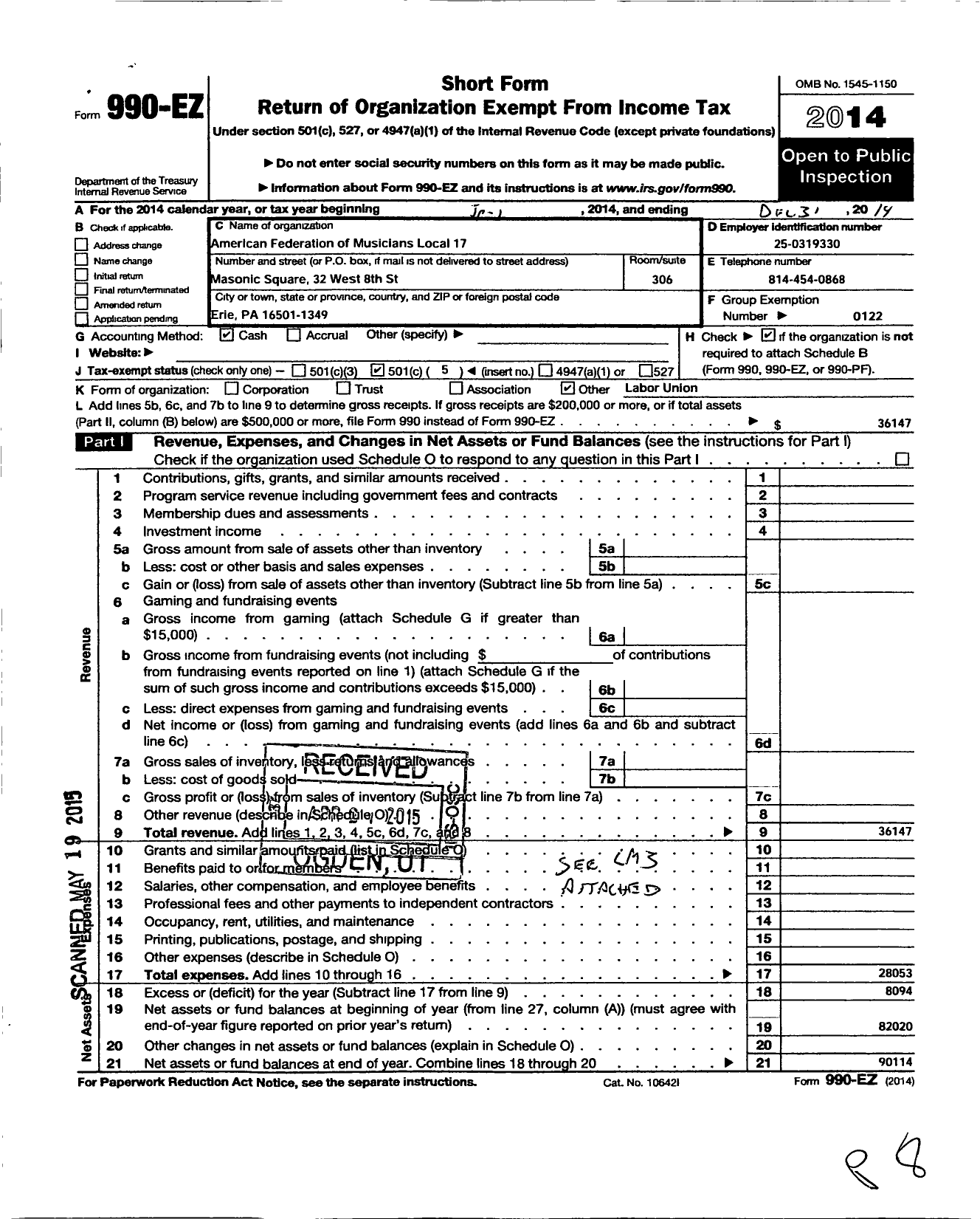 Image of first page of 2014 Form 990EO for American Federation of Musicians - 17 Local Erie