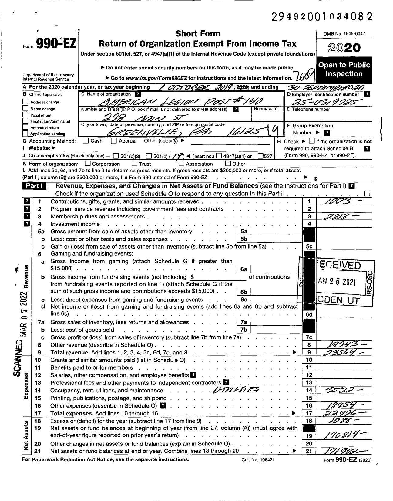 Image of first page of 2019 Form 990EO for American Legion - 0140 Greenville Post Pa