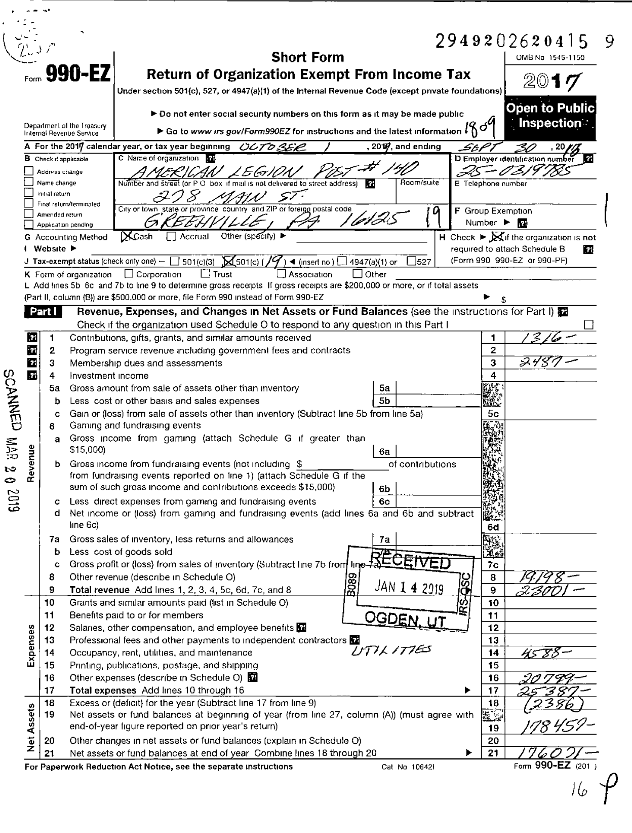 Image of first page of 2017 Form 990EO for American Legion - 0140 Greenville Post Pa