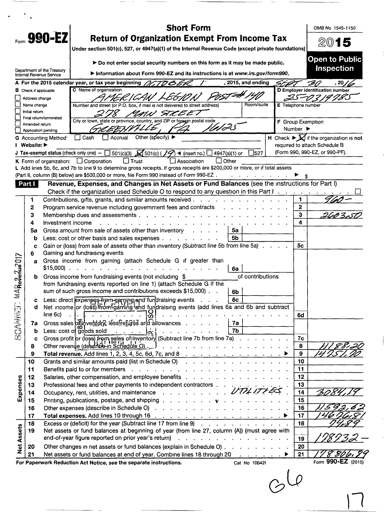 Image of first page of 2015 Form 990EO for American Legion - 0140 Greenville Post Pa