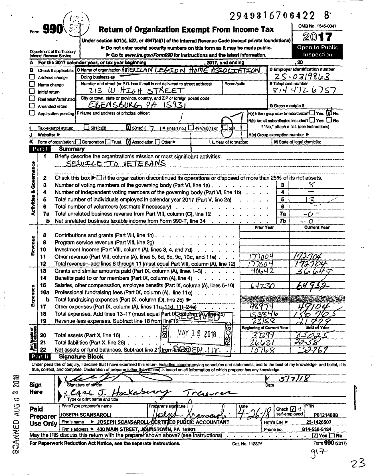 Image of first page of 2017 Form 990O for American Legion Home Association