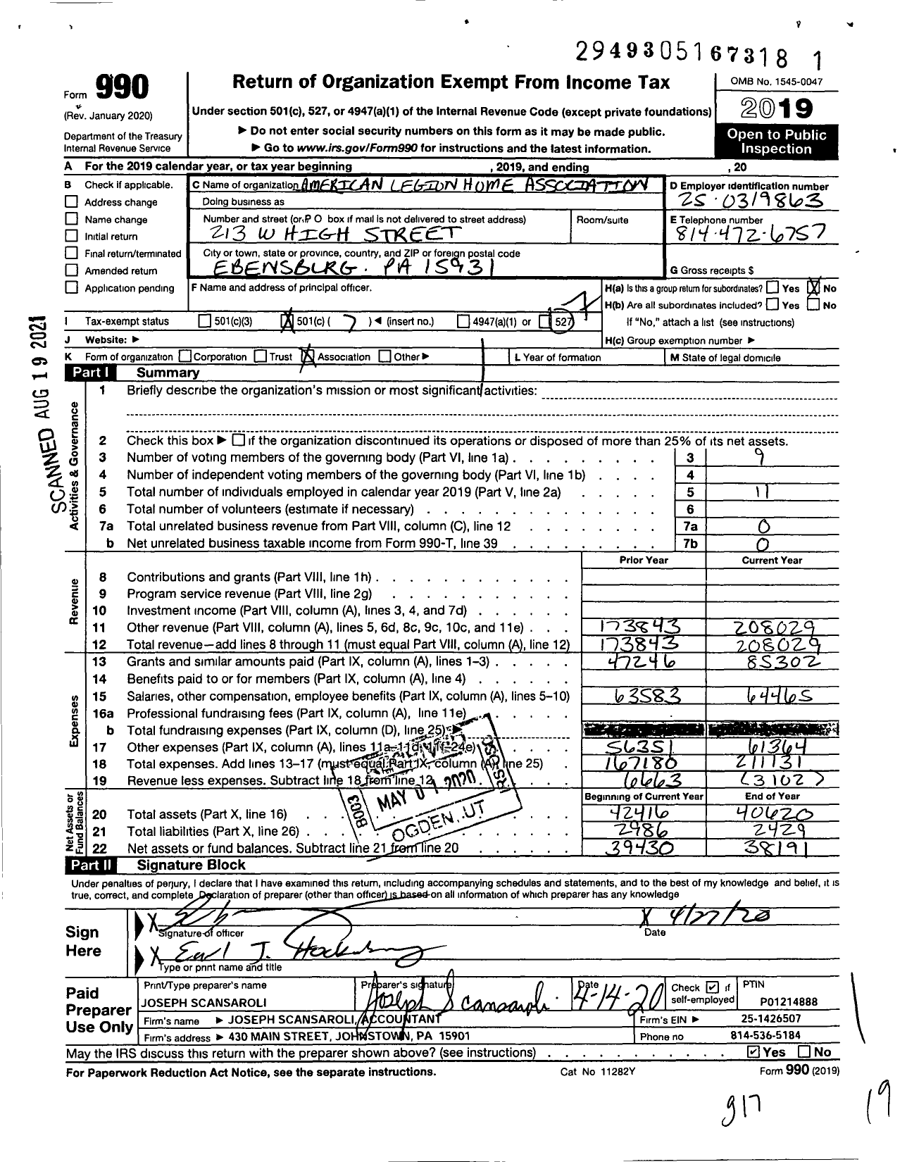 Image of first page of 2019 Form 990O for American Legion Home Association