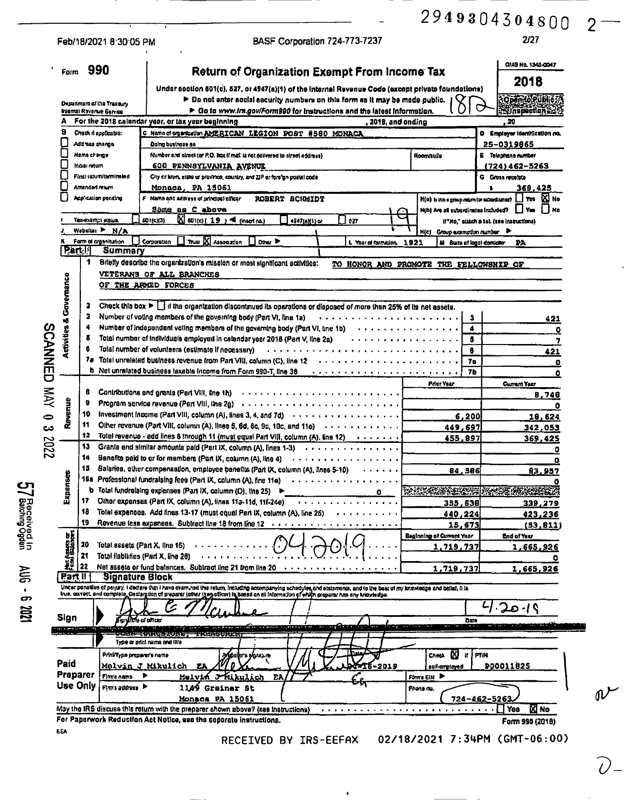 Image of first page of 2018 Form 990O for American Legion - Post 580 Monacatootha